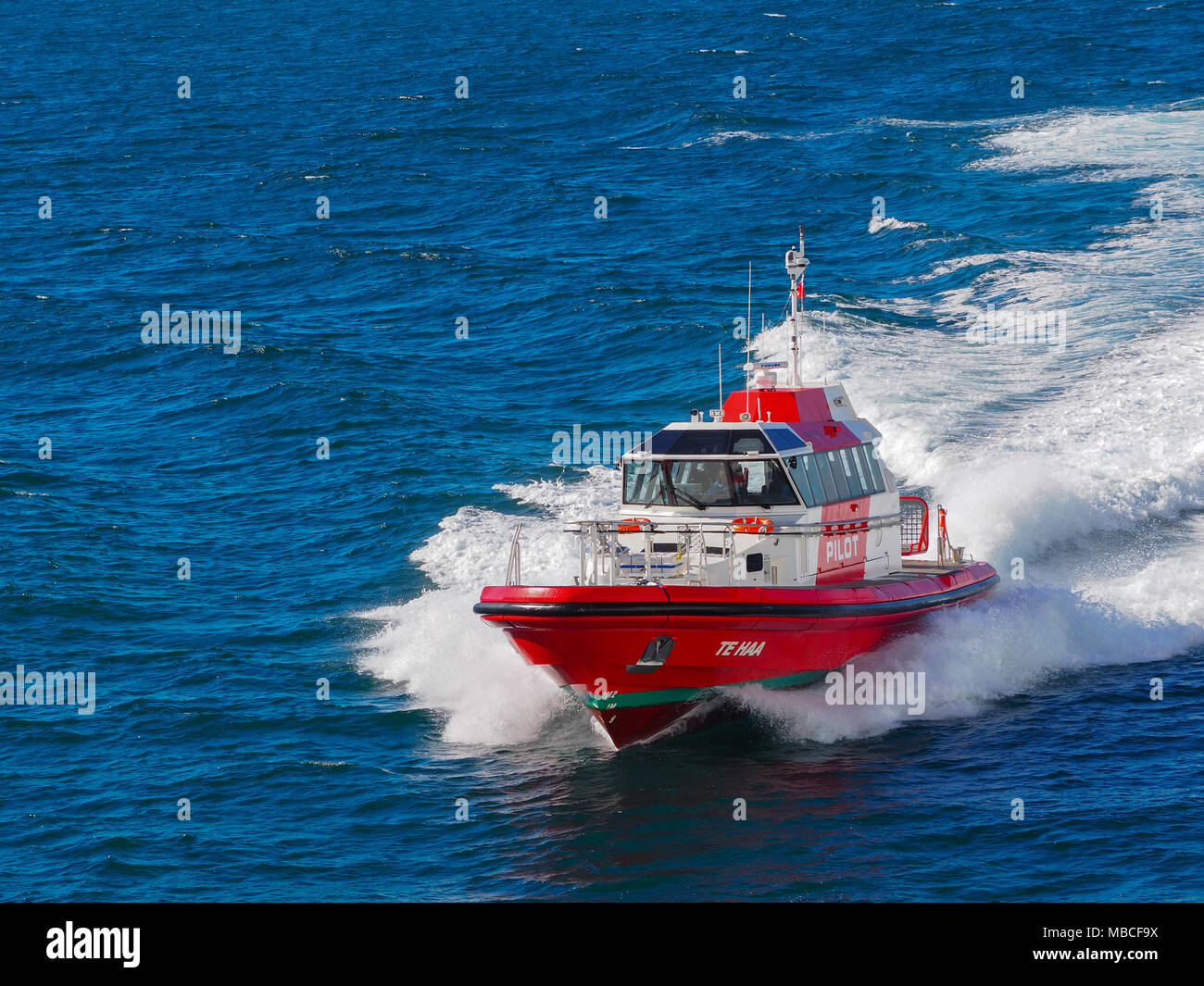 Pilot launch Te Haa following a ship leaving Wellington Harbor. Stock Photo