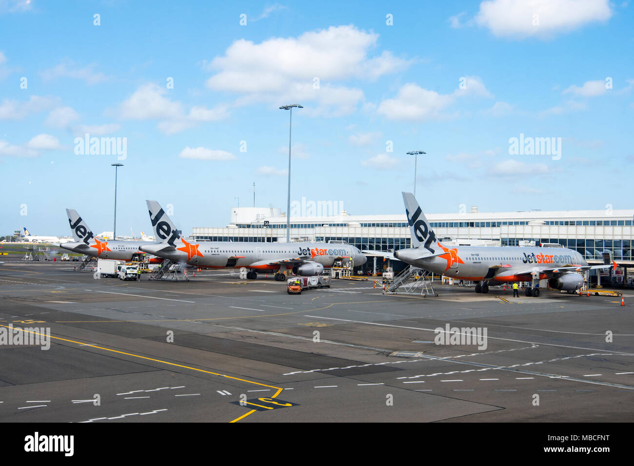 Jetstar fleet of Airbus A320 aircrafts at Sydney airport, domestic terminal, Australia Stock Photo