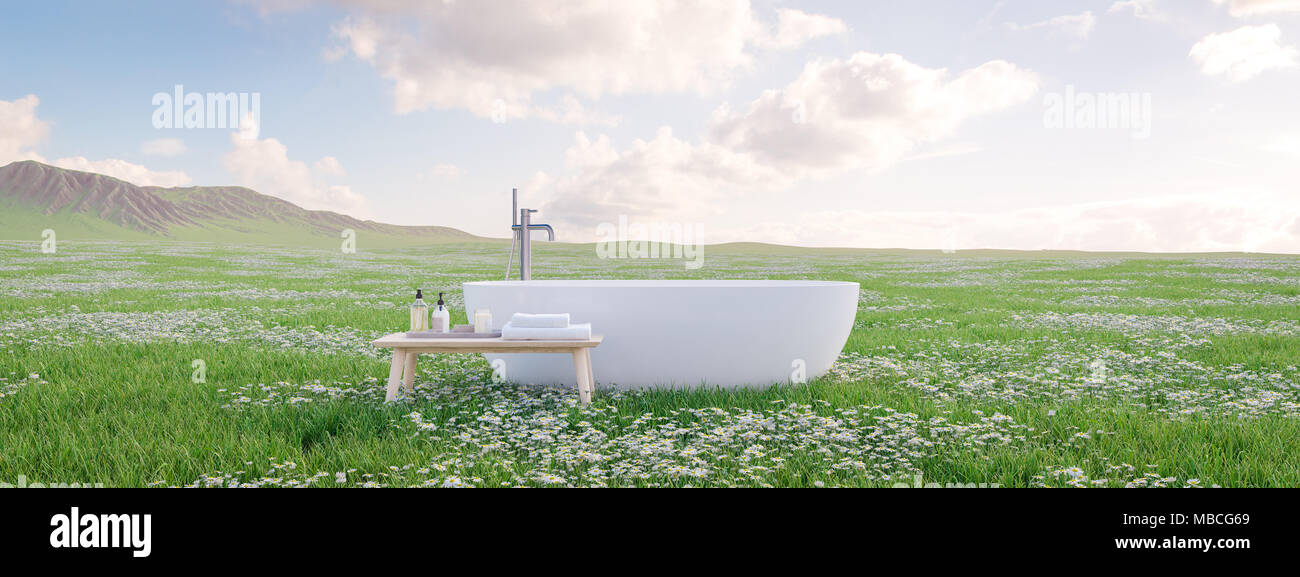 bathtube standing on beautiful meadow. 3d rendering Stock Photo