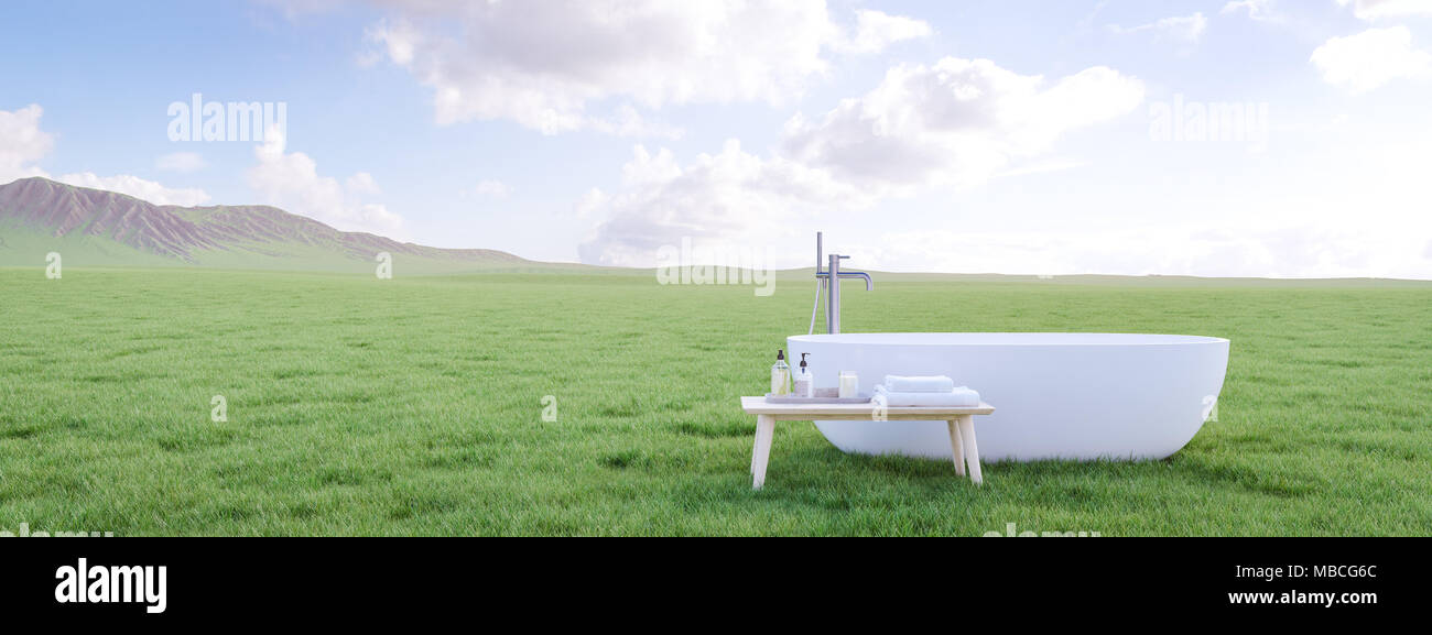 bathtube standing on beautiful meadow. 3d rendering Stock Photo