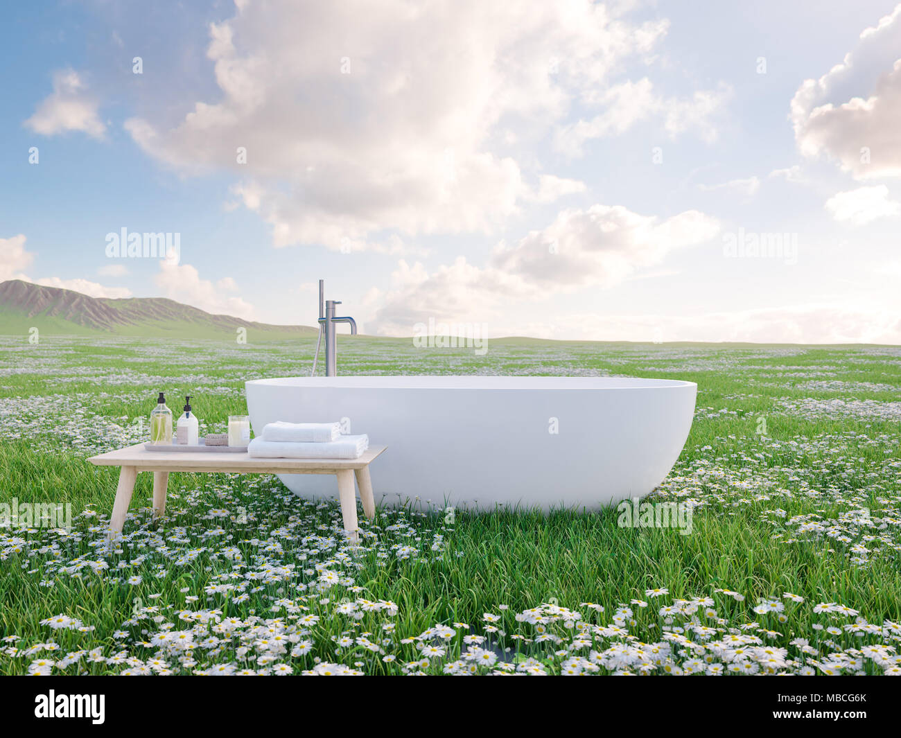 bathtube standing on beautiful meadow. 3d rendering Stock Photo