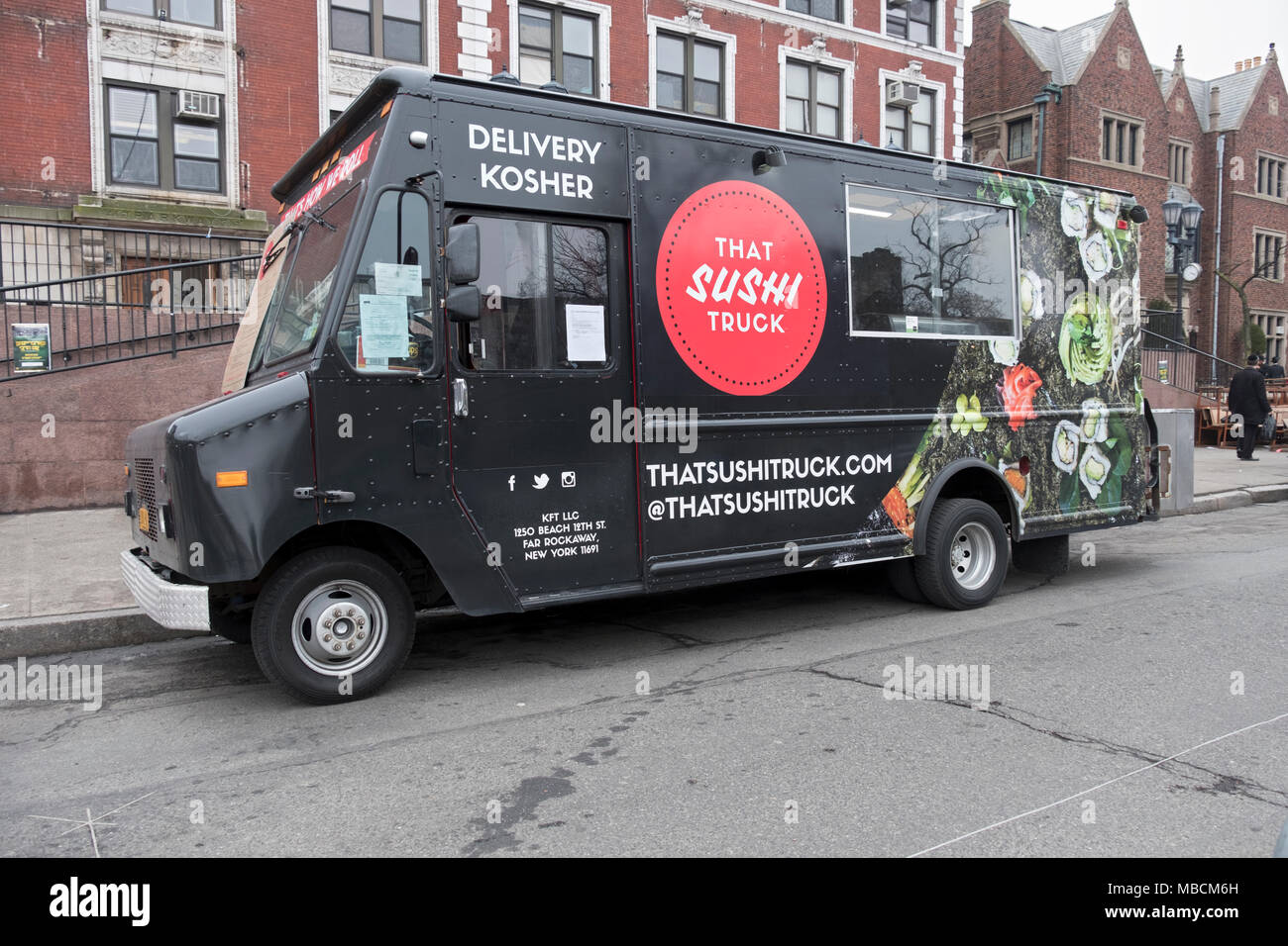 A kosher sushi food truck parked in front of Lubavitch headquarters on Eastern Parkway in Crown Heights, Brooklyn, New York. Stock Photo