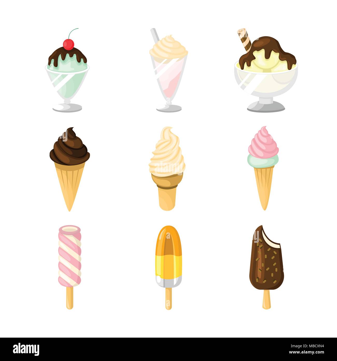 Various Ice Cream Type Vector Illustration Graphic Design Set Stock