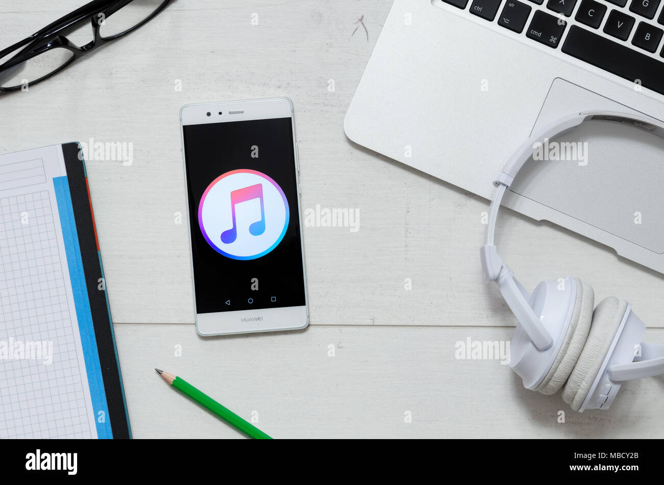 WROCLAW, POLAND - MARCH 29, 2018: Apple Music is a service that offers legal streaming music. Smartphone with Apple Music app in Google Play store on  Stock Photo