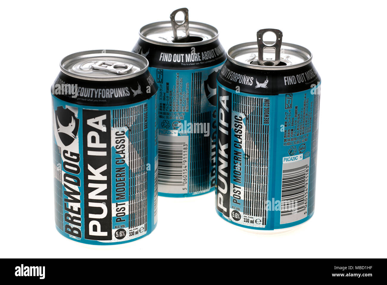 Two empty cans and one unopened can of 330ml Brewdog Punk IPA craft ale Stock Photo