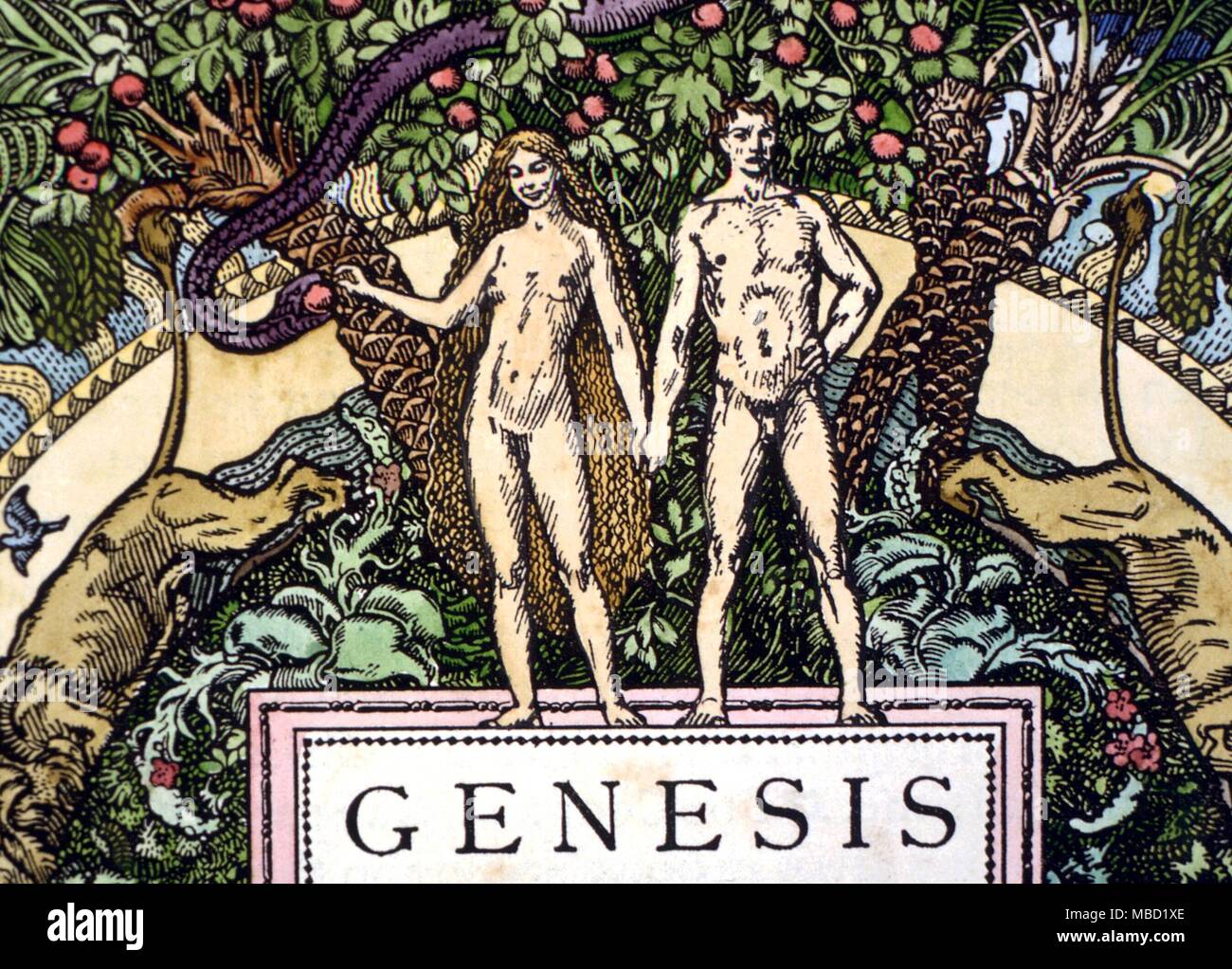 CHRISTIAN - Adam and Eve with serpent. Adam & Eve with tempting serpent - half-title of Gustav' V's Bible, designed by Olle Hjortzberg, and printed by Broderna Lagestrom. Print c. 1905 Stock Photo