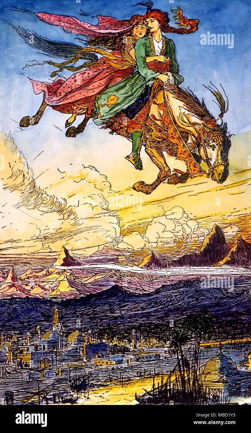 ANIMALS - flying horse The Princess and Prince arrive at the Capital of Persha on the enchanted horse. Illustration by Ford to 'The Enchanted Horse' from 'The Arabian Nights' Stock Photo