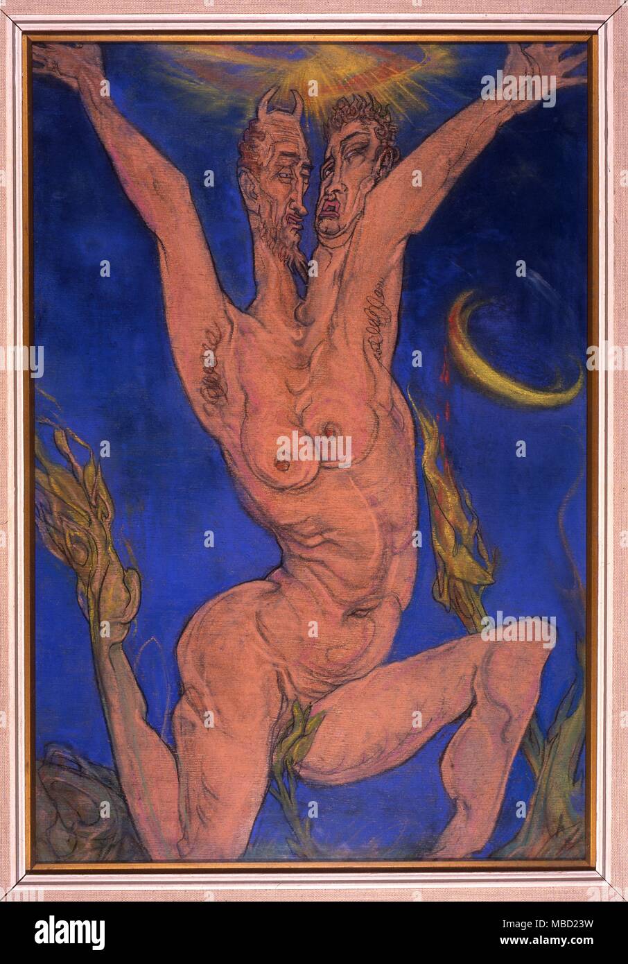 Occult Art. Dual Man. Pastel painting 'Blood on the Moon' by the witch-artist-poet, Austin Osman Spare (1886-1956).The sexually ambiguous figure has a dark side, the horned devil head, and a light side, a head lit by radiant light. Stock Photo