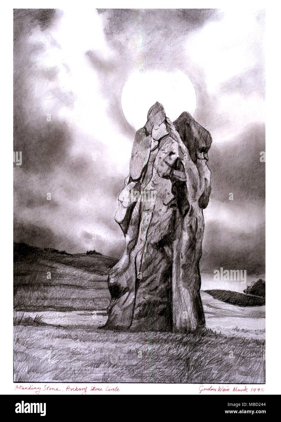 Occult Art. Standing Stone, Avebury Stone Circle. Drawing by Gordon Wain, 1990. The artist has contrived to imbue the stone with life - suggesting that it has a human form. Stock Photo