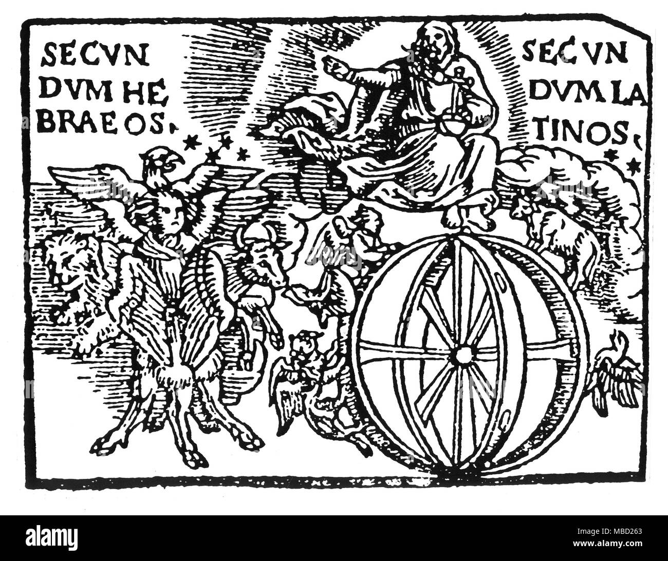 SYMBOLS - UFOS - VISIONS Woodcut depicting the Vision of Ezekiel - the turning wheel, with the four creatures of the Evangelists, has been wrongly claimed as an early description of an Unidentified Flying Object, when it is is (in Biblical reality) a description of the spiritual hierarchies beyond the confines of Time, marked by the sphere of Saturn. To the left of the double wheel is a composite of the creatures of the Four Evangelists, which are also the fixed signs of the zodiac - The Eagle is the creature of John, the Lion is the animal of Mark, the Bull is the animal of Luke, while the Stock Photo