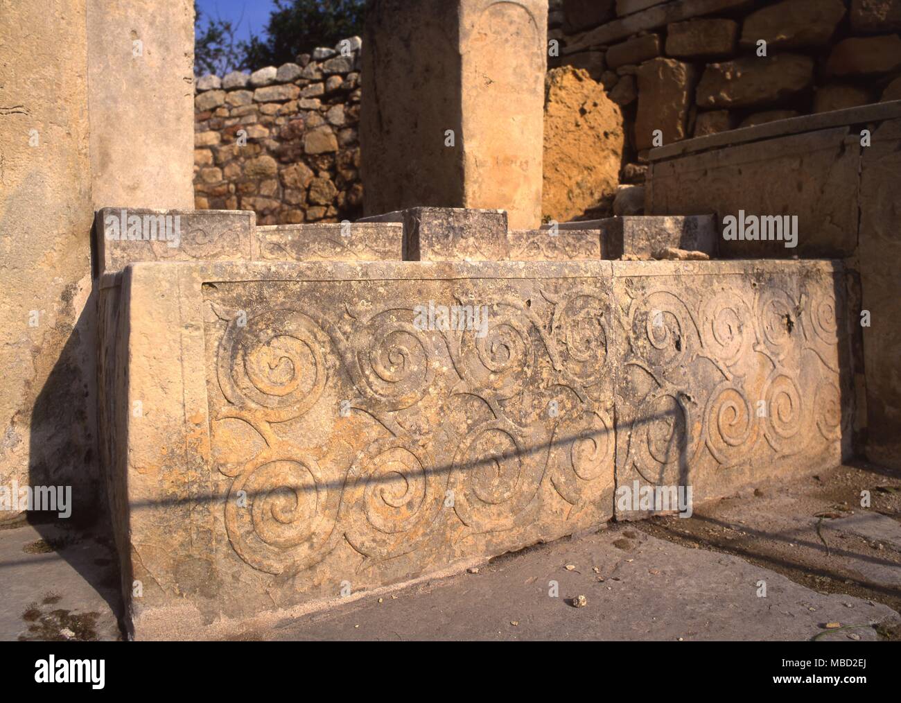 Malta. Spirals on the altar of the prehistoric temple at Tarxien. Stock Photo