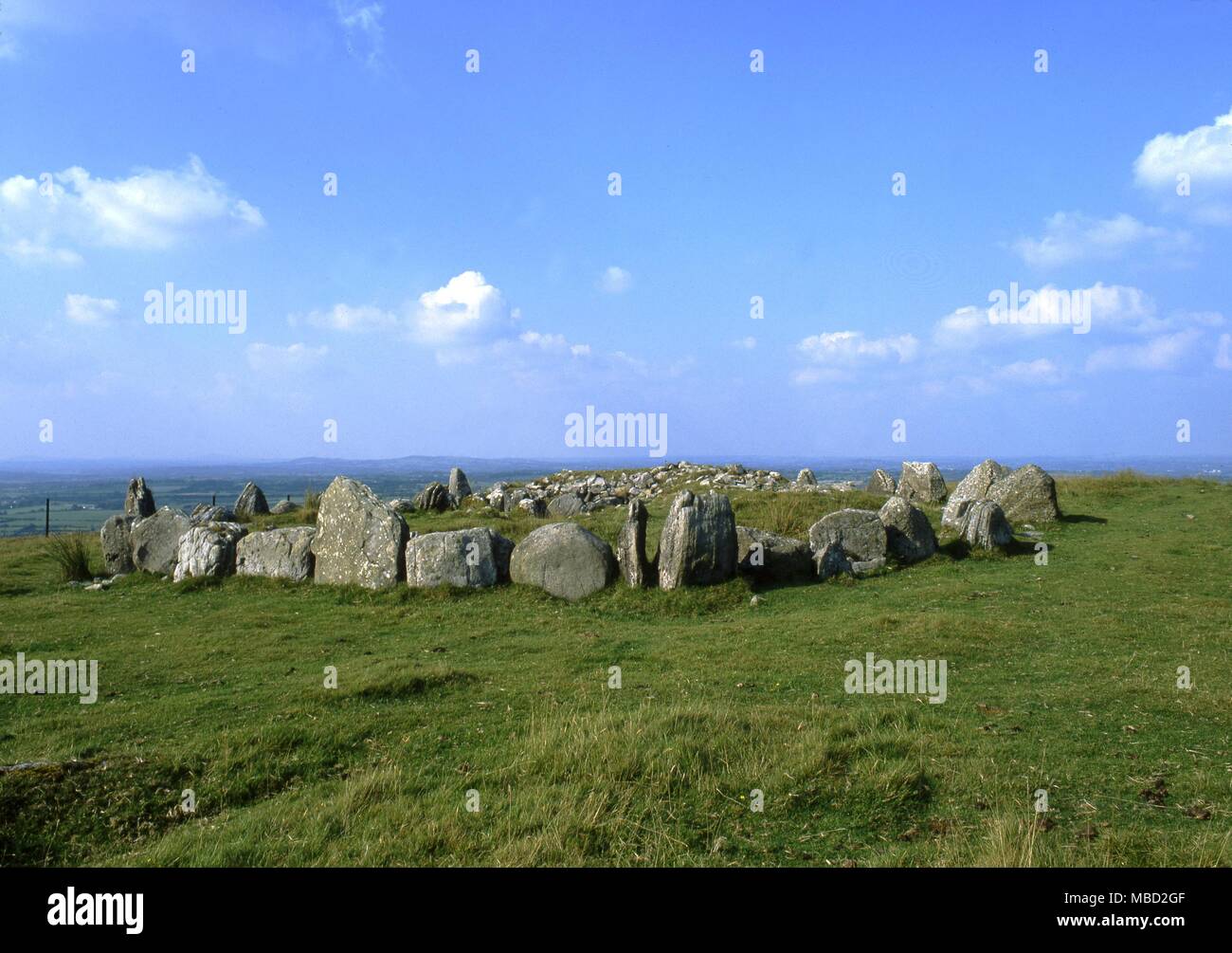Loughcrew in Ireland. The western satellite of cairn T. The earth has been removed and it has the appearance of being a stone circle. Stock Photo