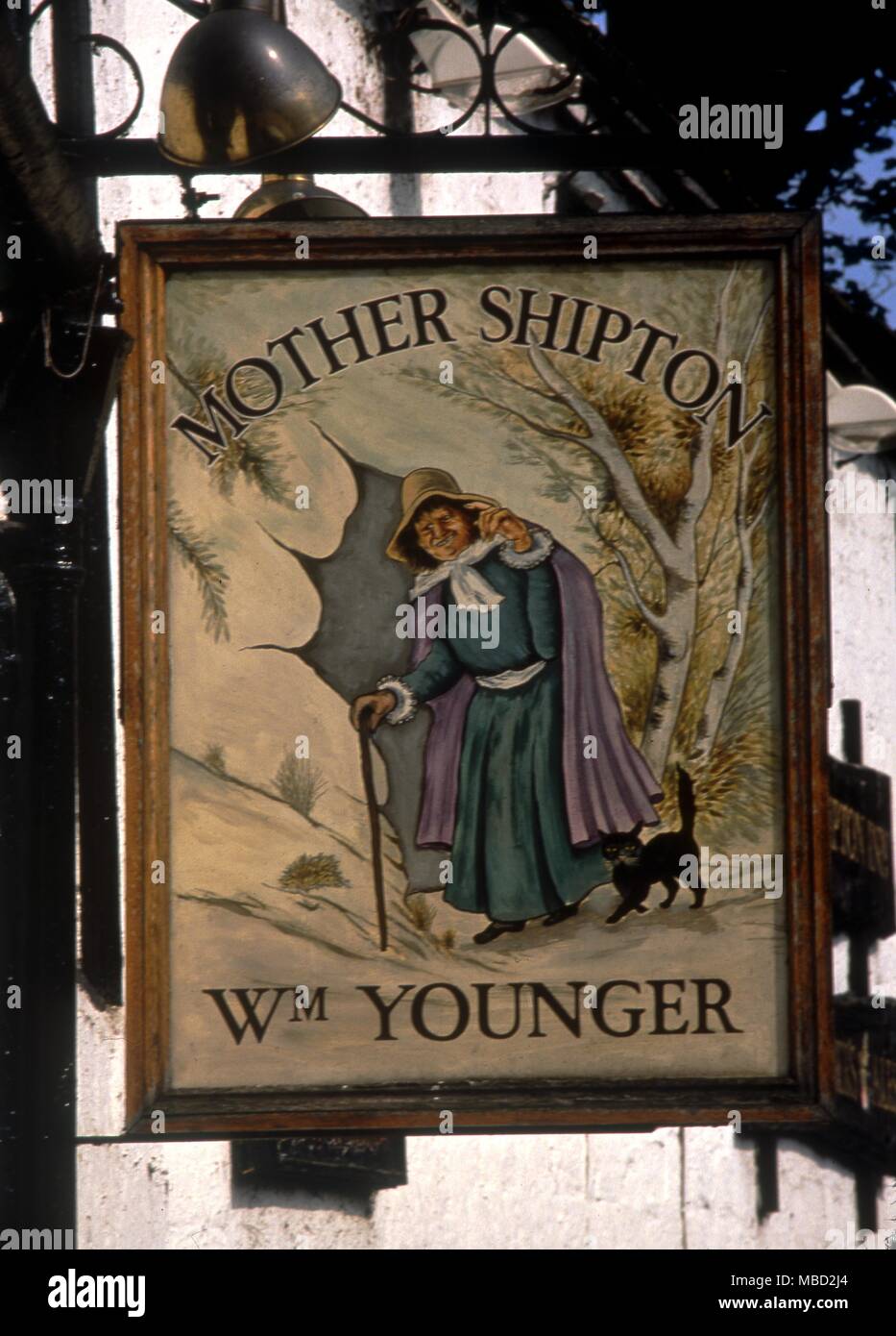 Knaresborough, Yorkshire. The Mother Shipton Inn sign on the pub named after her. Stock Photo