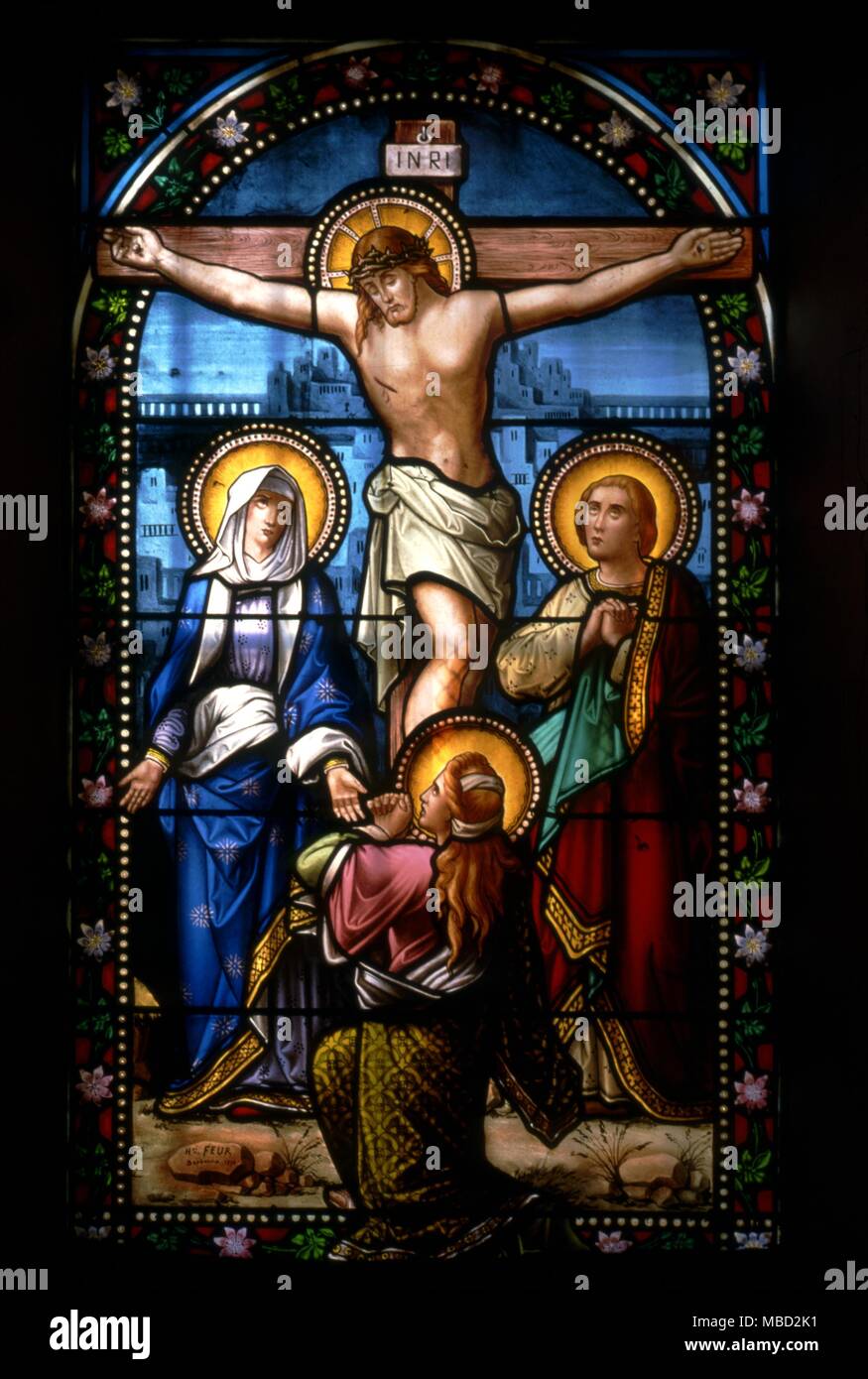 Rennes-le-Chateau, France. A stained glass window in the Church of St ...
