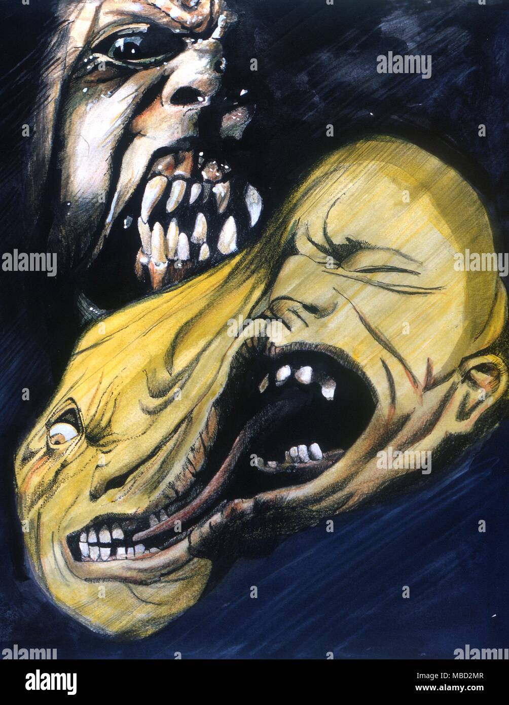 Monsters. Two monstrous heads in a painting 'Sleep no More' by Gordon Wain. 1991 Stock Photo