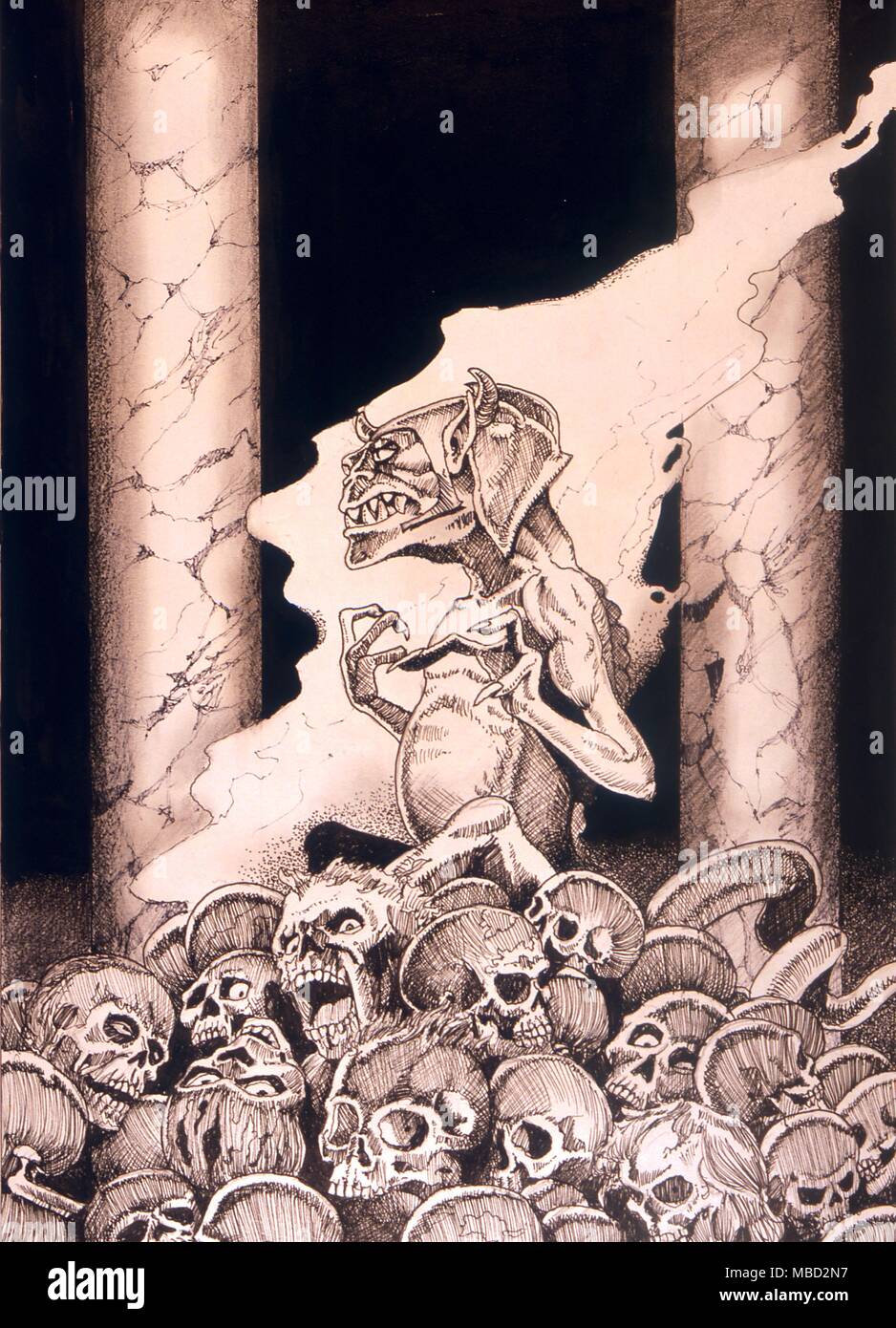 Monsters. A pencil drawing entitled 'Keeper of the Skulls' by the artist Gordon Wain. 1991 Stock Photo