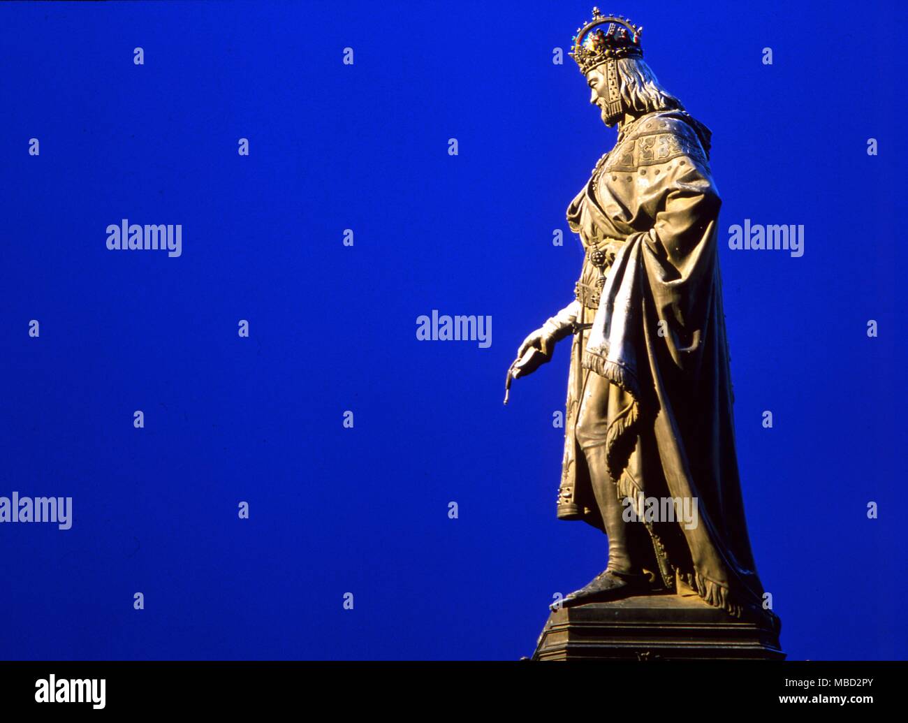 Statue of Charles VI on the eastern bank of the Vltava river, by the Charles Bridge. Charles VI is said to have been Europe's last initiate ruler. Charles VI the Well-Beloved, later known as the Mad (French: Charles VI le Bien-Aimé, later known as le Fol) (December 3, 1368 - October 21, 1422) was a King of France (1380-1422) and a member of the Valois Dynasty. He was born in Paris, the son of King Charles V and Jeanne de Bourbon. At the age of eleven, he was crowned King of France in 1380 in the cathedral at Reims. Until he took complete charge as king in 1388, France was run by his uncle, Ph Stock Photo