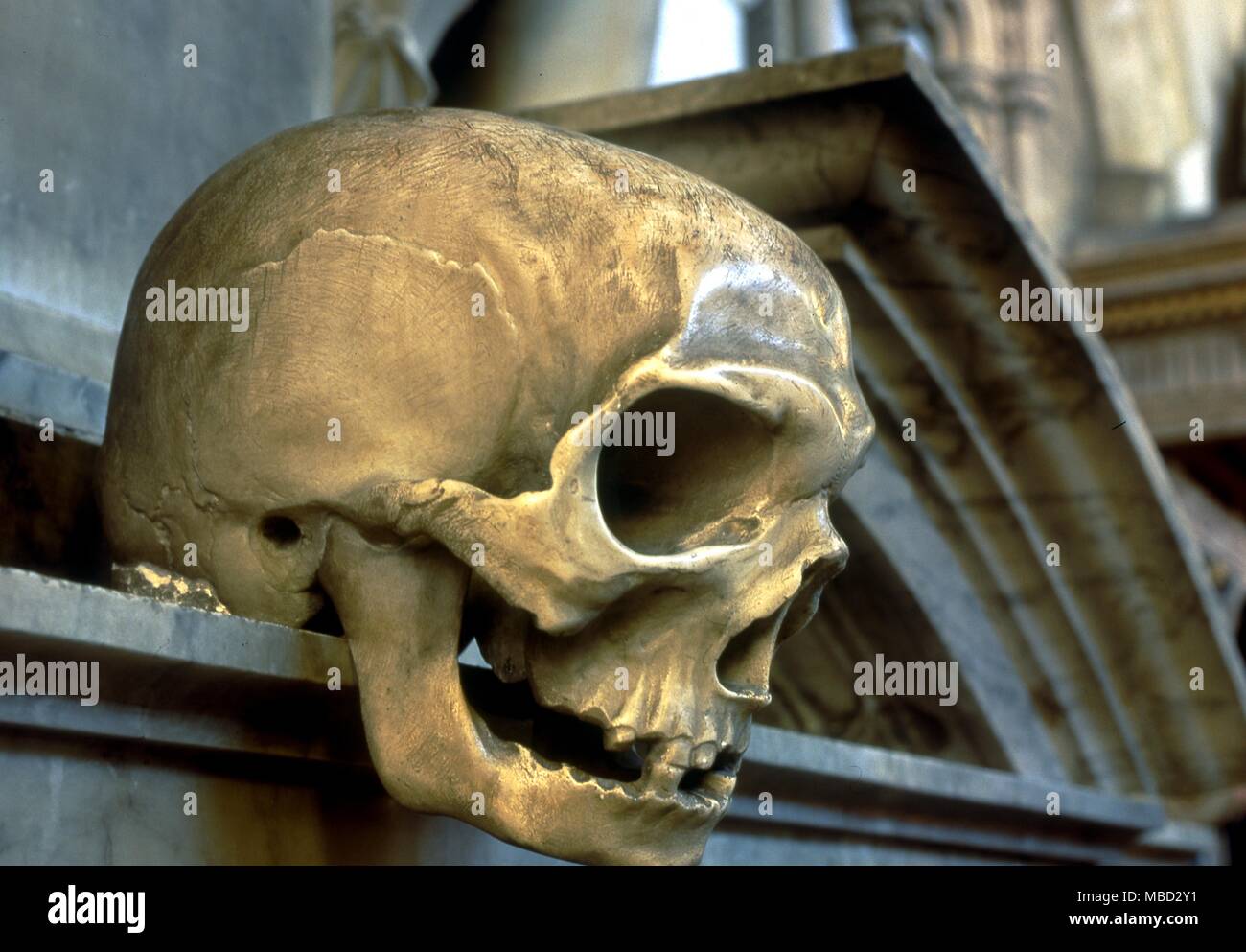 Skull as a finial on the sarcophagus of the Manners family in the church of St Mary the Virgin, Bottesford. 17th century. Stock Photo