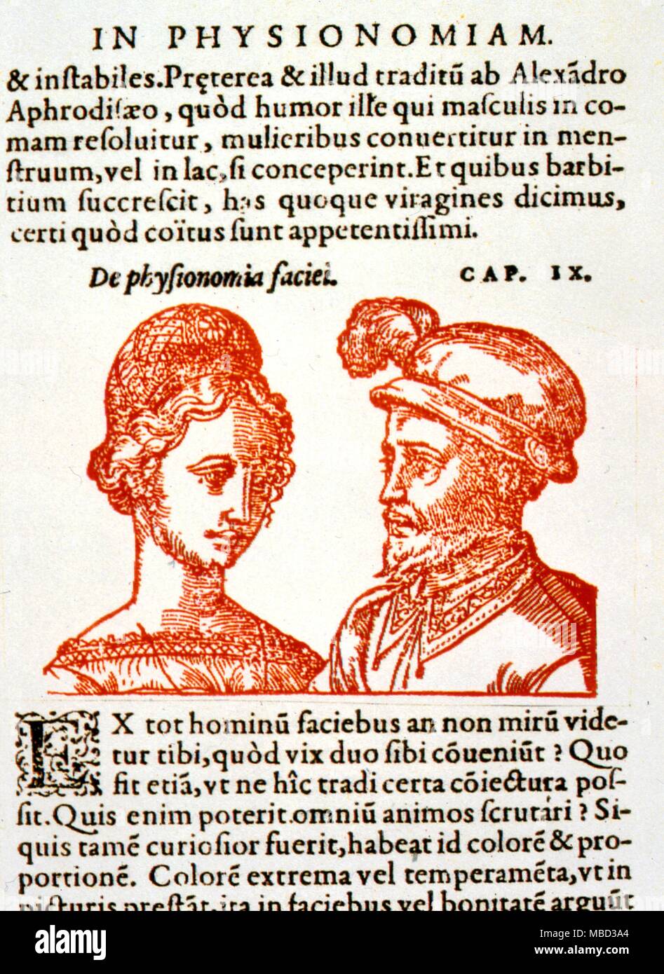 Physiognomy. Physiognomical text in Latin, bound up with planetary theory. 16th century. Stock Photo