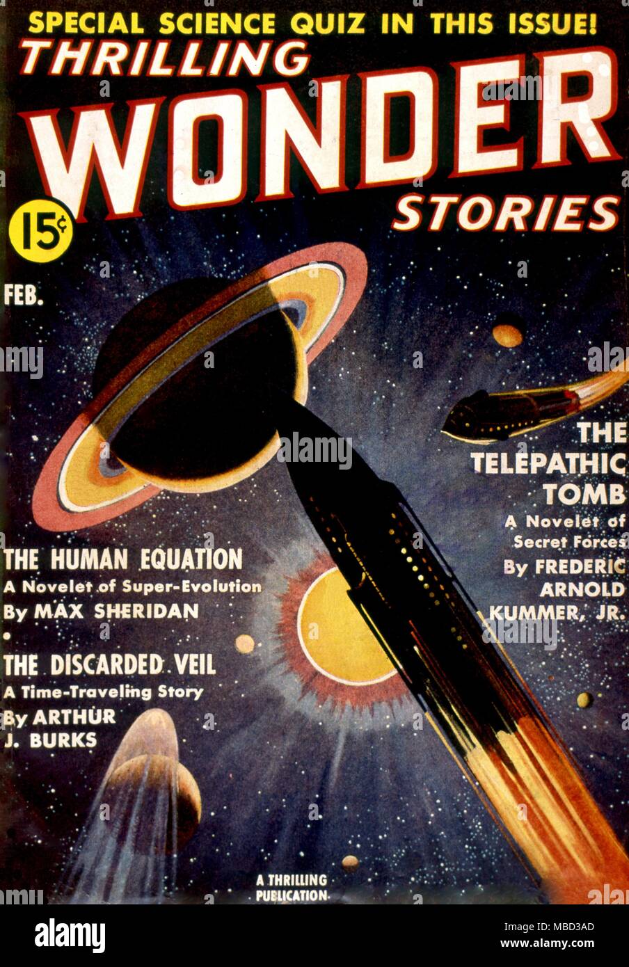 Science Fiction and Horror Magazines. 'Thrilling Wonder Stories' cover. February 1939. Artwork by G.A.Giles Stock Photo
