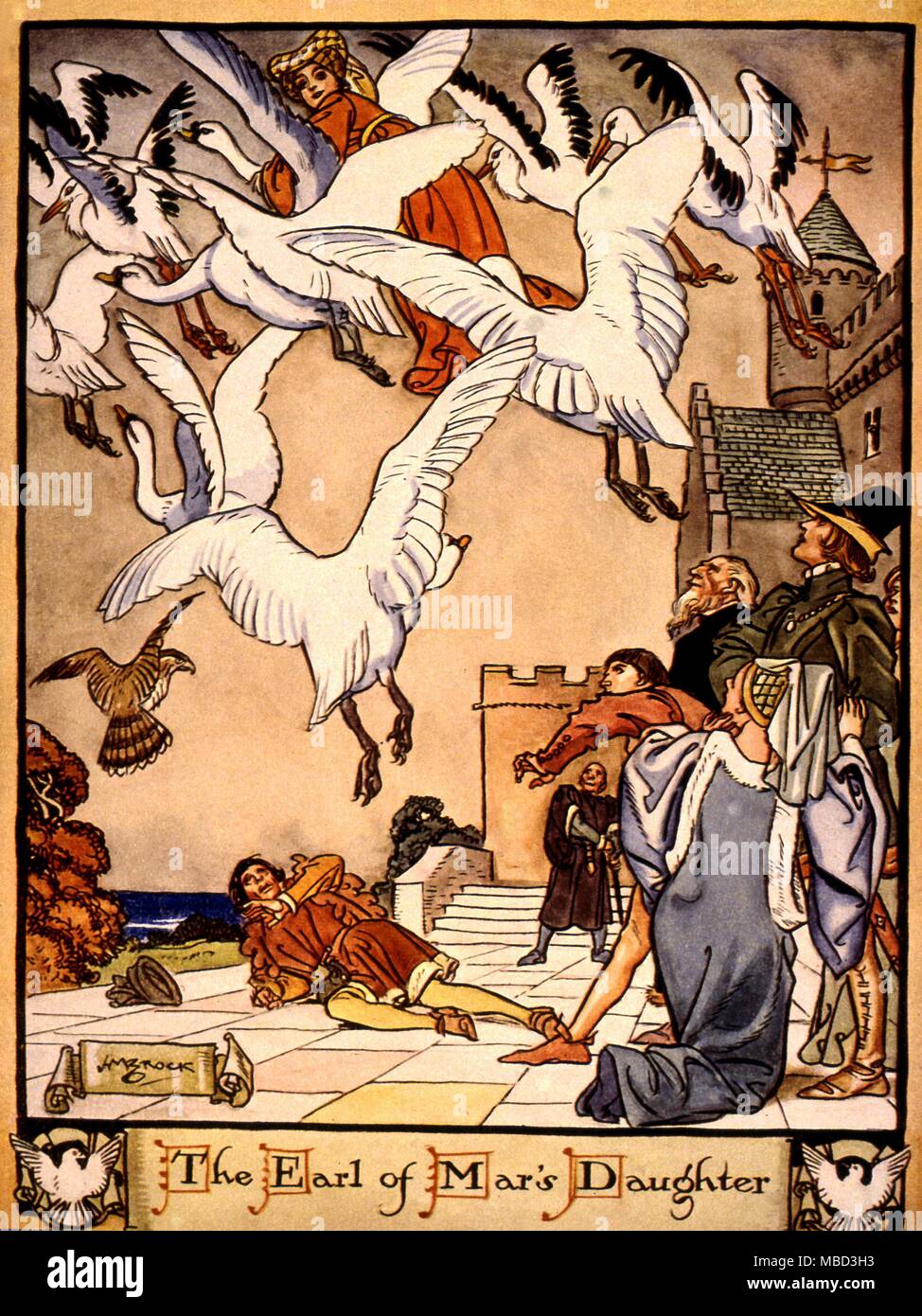 Transvection. The Earl of Mar's daughter flies away on the back of a dove.Illustration to 'A Book of Ballads' by H.M.Brock. 1934 Stock Photo