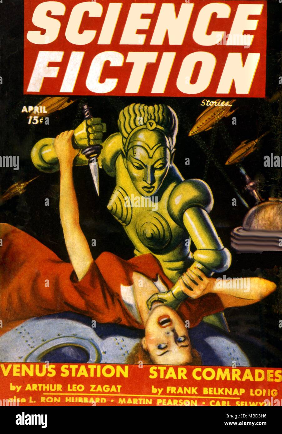 Science Fiction and Horror Magazines. 'Science Fiction' cover, April 1943. Artwork by Milton Luros. Stock Photo