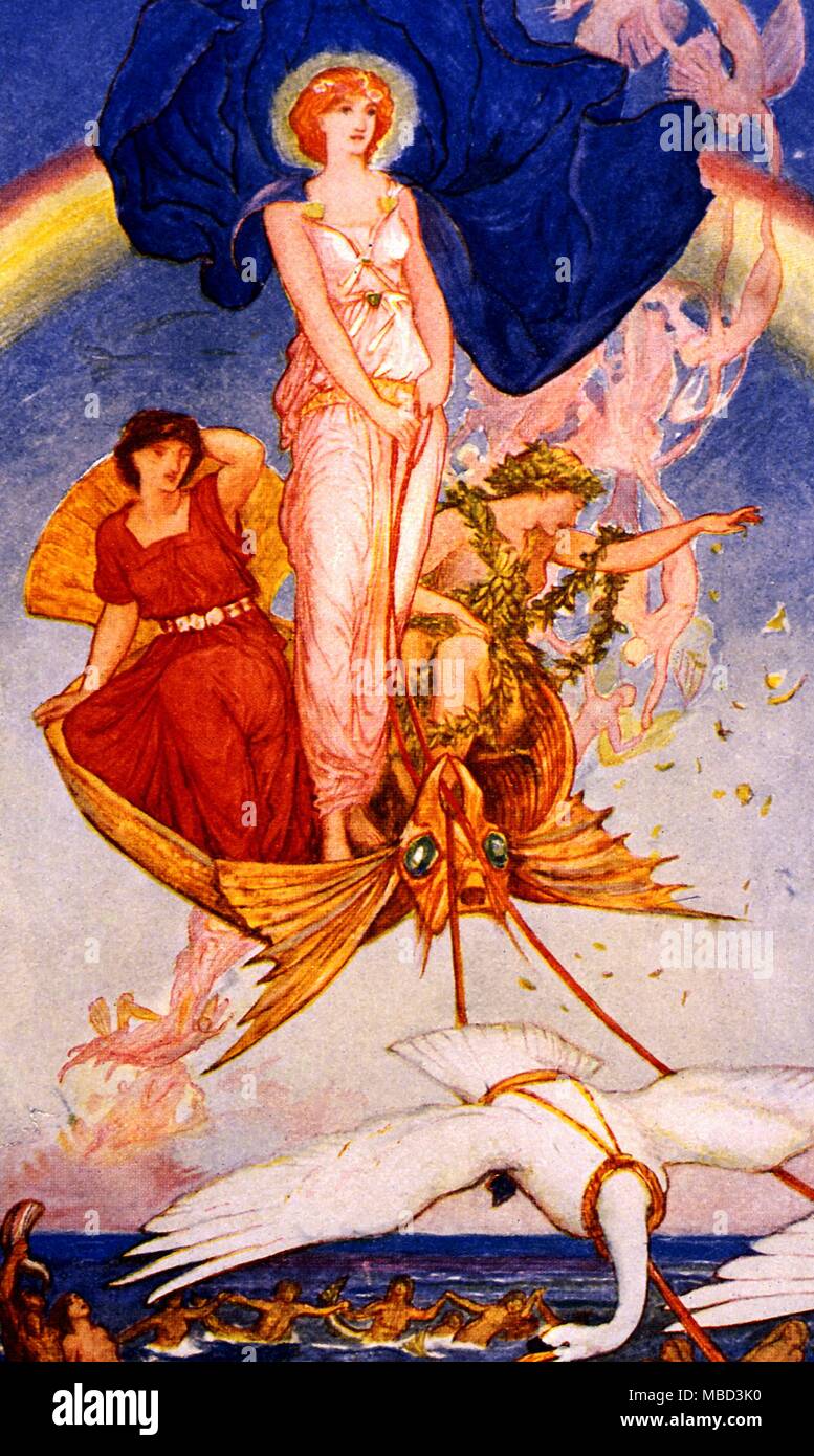 Norse Mythology, the goddess Freya, wife of Odin. Freya spinning in the clouds, an illustration by Helen Stratton for a Book of Myths. 1915 Stock Photo
