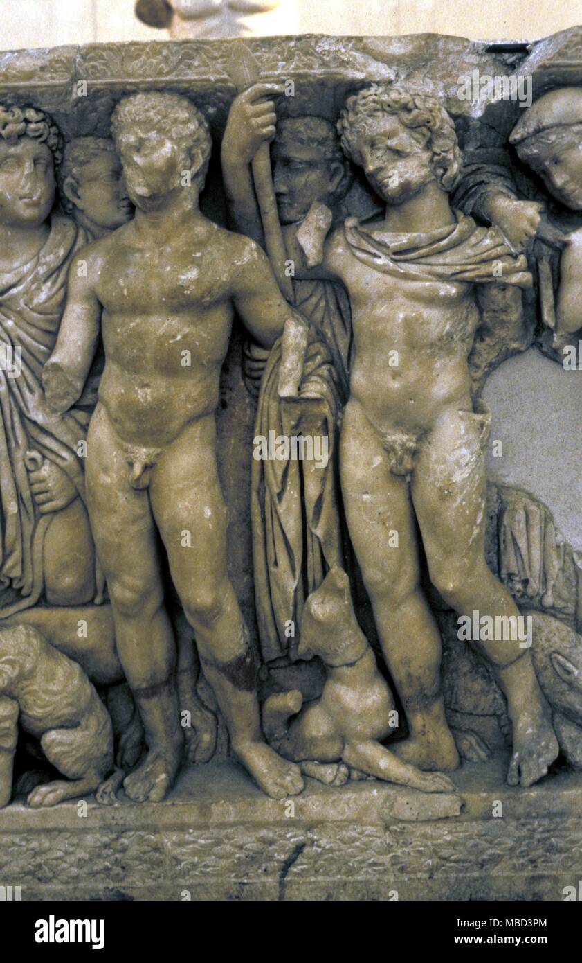 Animals Dogs Two pet dogs at the feet of Roman youths From an ornate Roman tomb in the Musee Lapidaire Arles Stock Photo