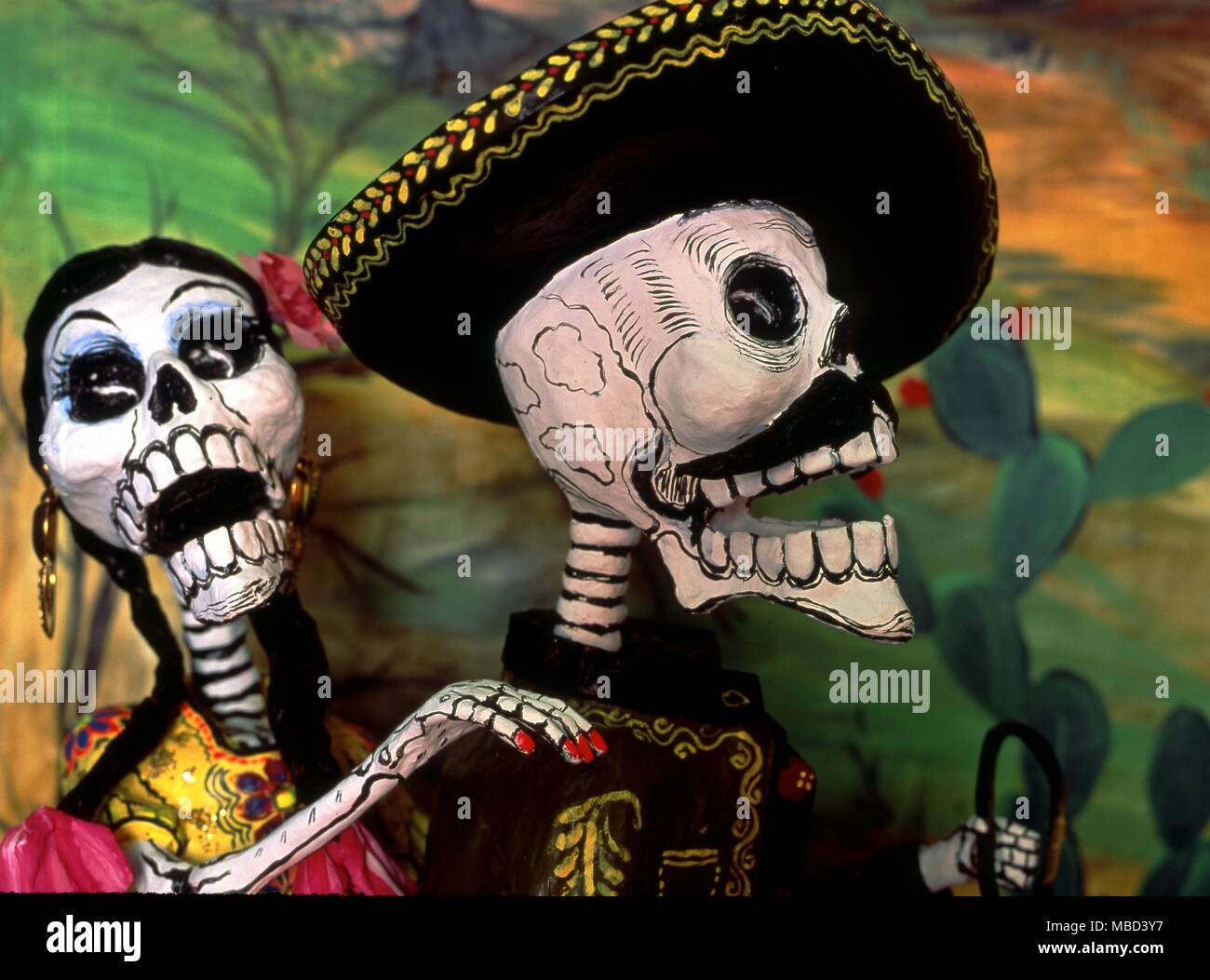Mexican Festival of the Dead, involves the preparation of crude or artistic images of Death in the form of skeletons. Oaxaca Fiesta de Muertos. Stock Photo