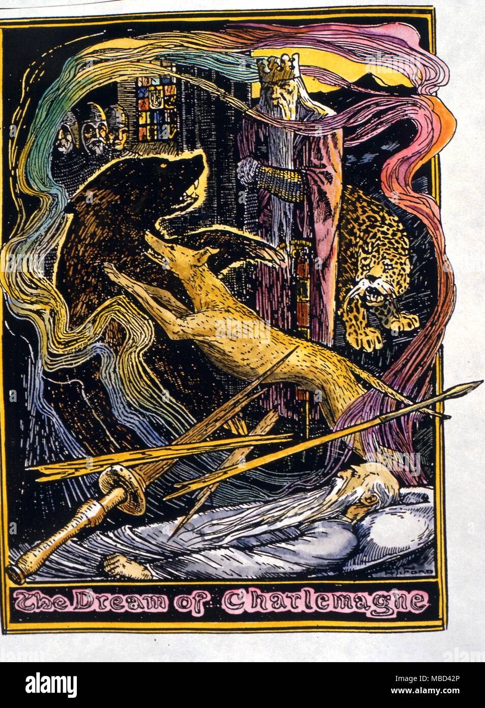 Dreams and nightmares - The dream of Charlemagne in which the king is saved from a bear and leopard by a greyhound. Illustration by Ford after Andrew Lang's Book of Romance 1902 edition. - ©Charles Walker / Stock Photo