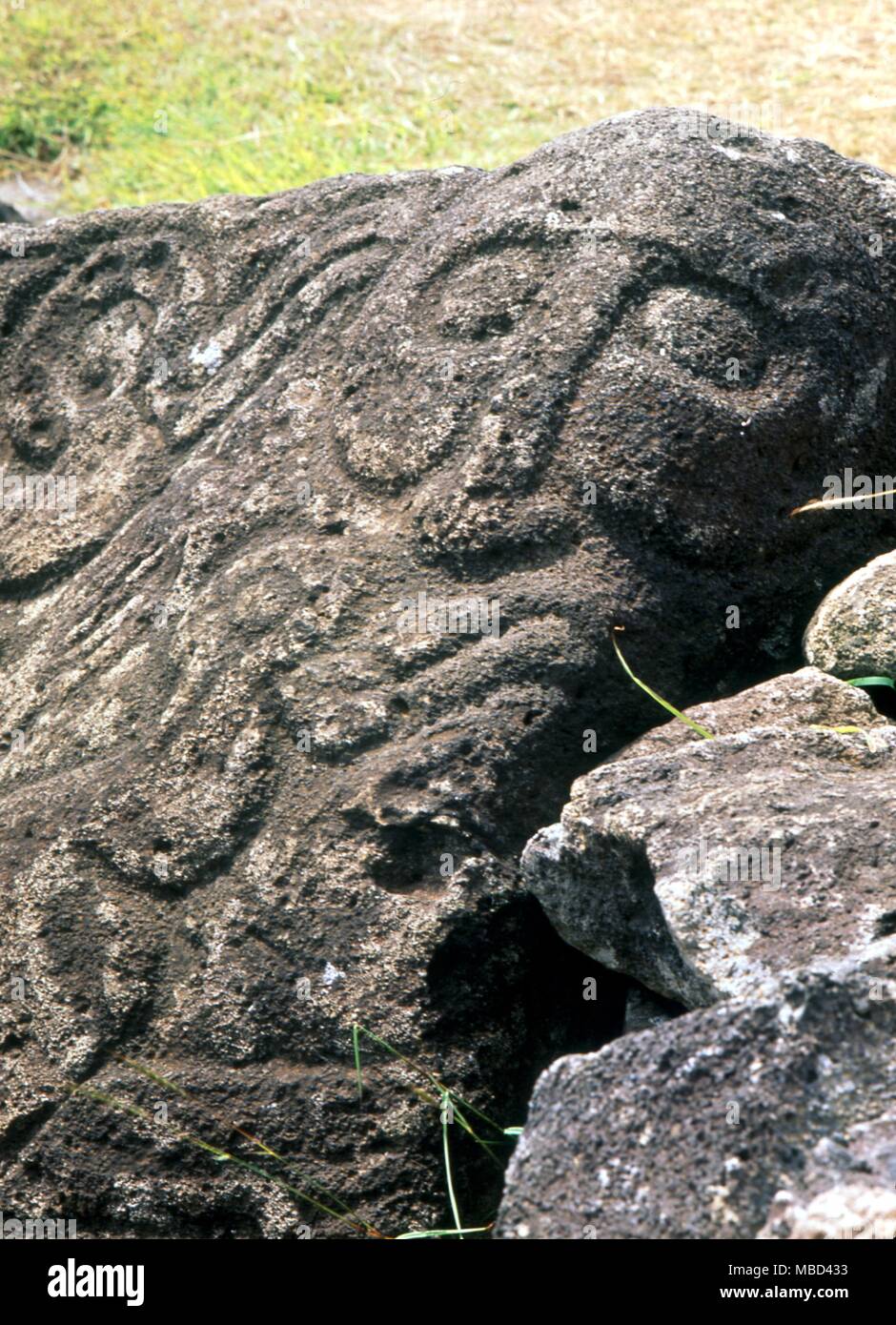 Orongo Rocks Easter Island - Orongo petroglyphs, including a humanoid face, on the ...