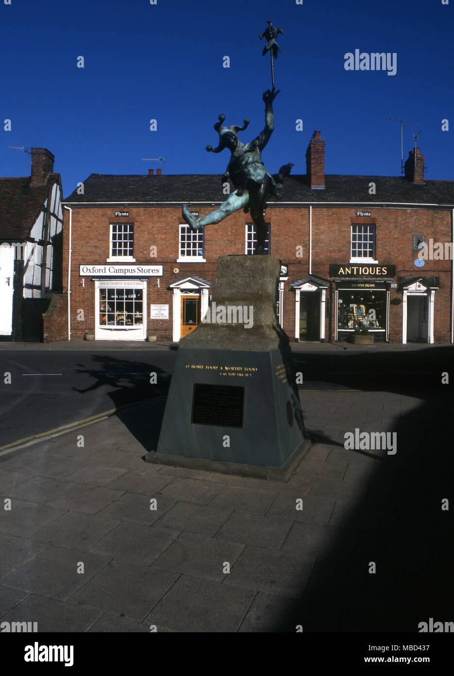 Clowns - statue of the Jester of Shakespeare by James Butler unveiled in 1994 in the road outside the west front of Shakespeare's house in Stratford upon Avon.- © / Charles Walker Stock Photo