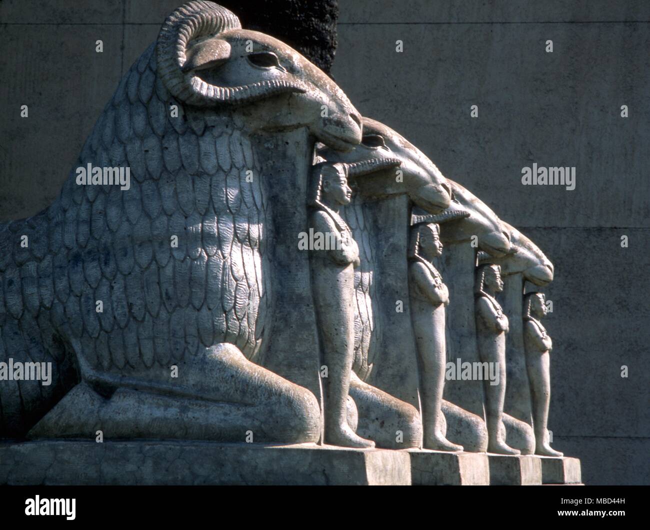 Egyptian mythology - Egyptian rams, similar to those found in the sacred roads of ancient Thebes, modern Luxor. The facade courtyard of the Rosicrucian Egyptian Museum, San Jose, California. - © / Charles Walker Stock Photo