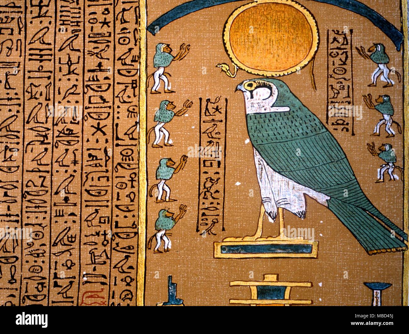 Egyptian mythology - Hieroglyphics alongside the image of the Hawk, symbol of the rising disk of the Sun, with the cosmic snake. From the Papyrus of Hunefer, from the so-called Book of the Dead. - © / Charles Walker Stock Photo