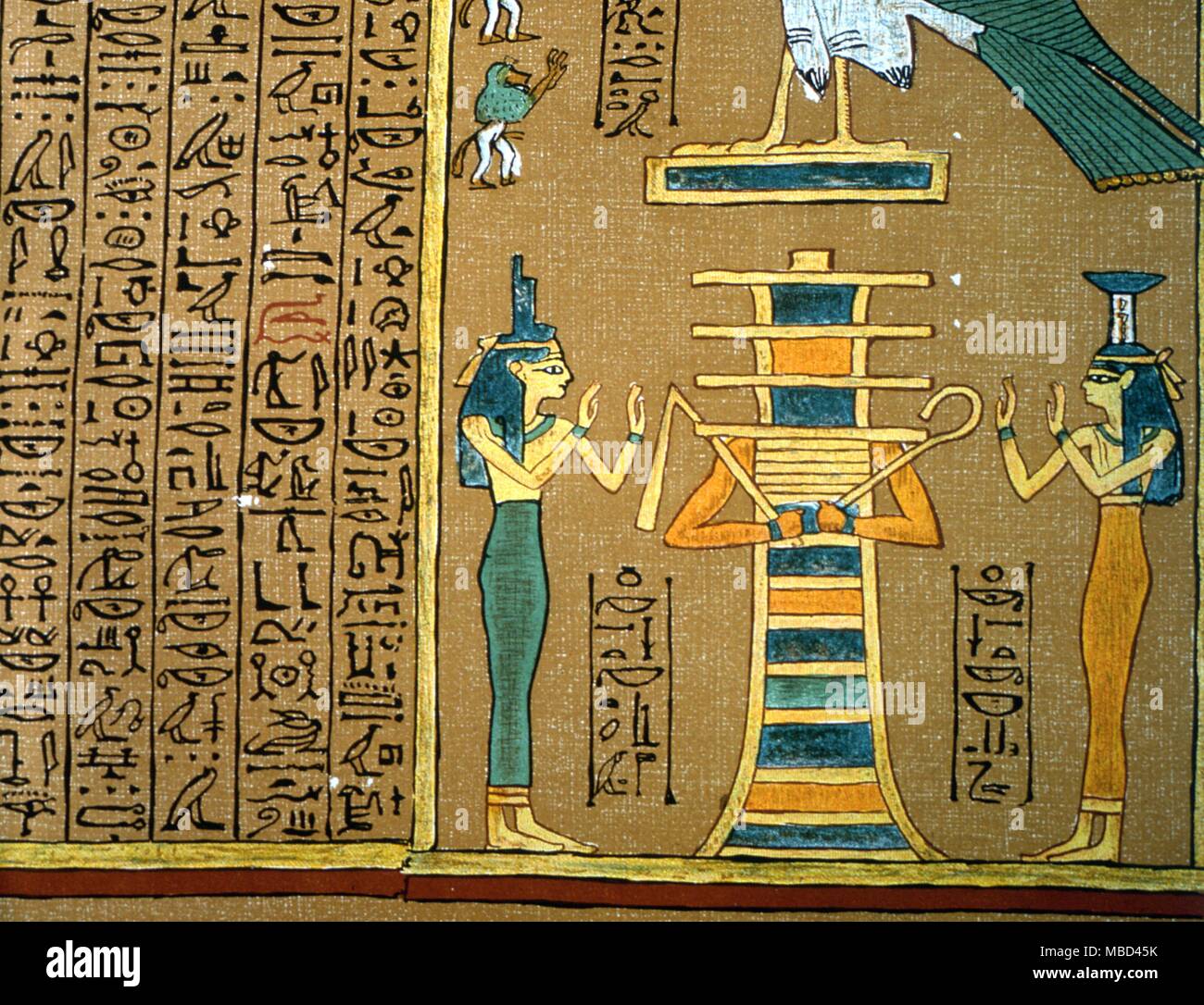 Egyptian mythology - Isis, the goddesses, Isis and her sister Nephthys, adoring the Tat, symbol of the god Osiris. From the Payrus of Hunefer, in the Budge lithographic series The Book of the Dead. - © / Charles Walker Stock Photo