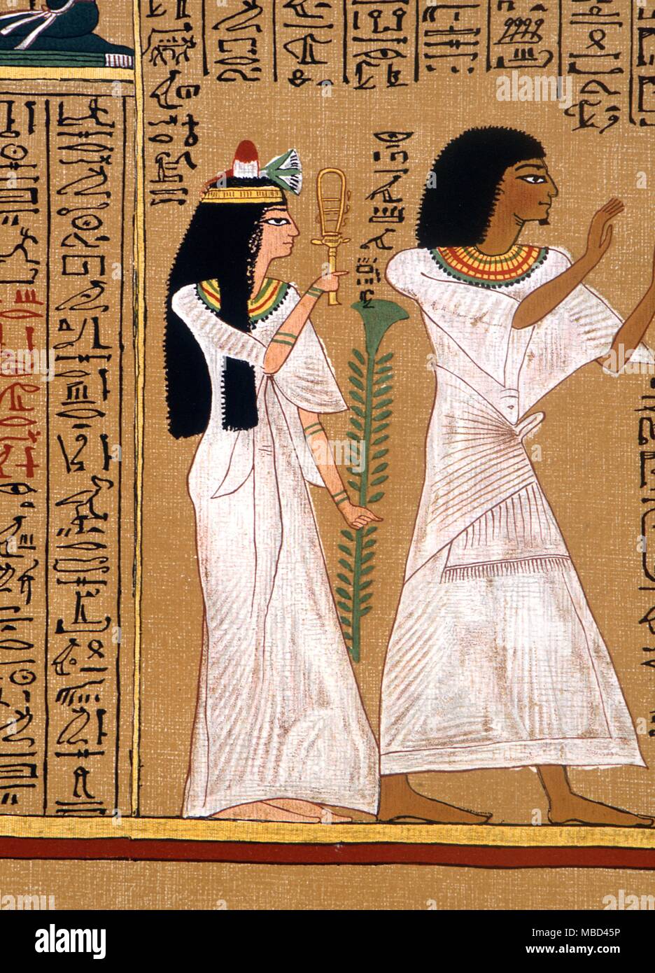 Egyptian mythology - The deceased Anhai in adoration. From Egyptian Book of the Dead (Papyrus of Anhai) in the Budge edition. The figure of a goddess (?) behind carries a sistrum. - © / Charles Walker Stock Photo