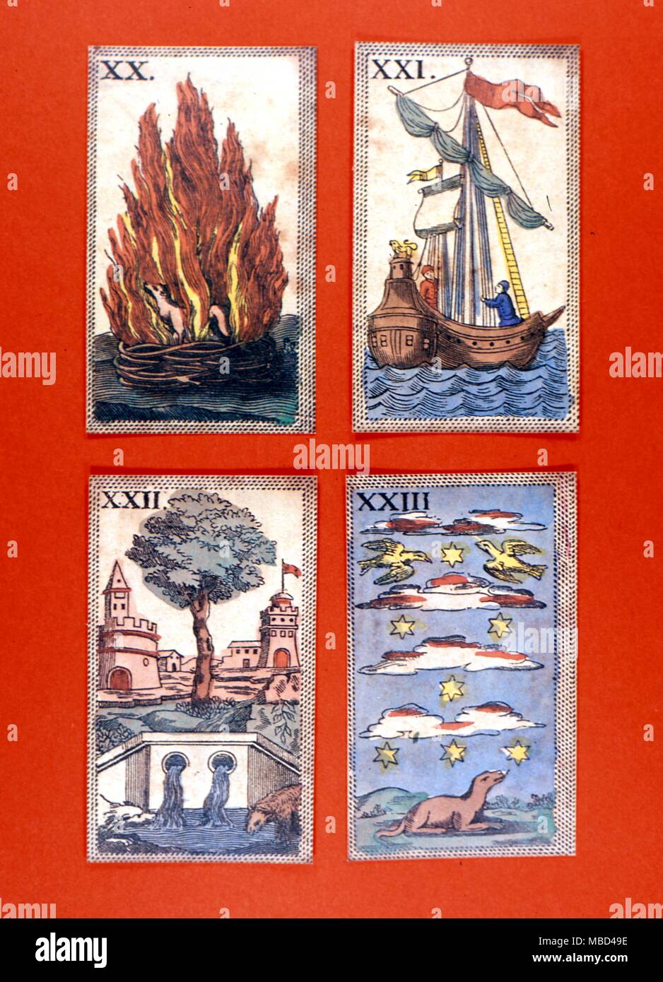 Elements and elementals - representation of the Four Elements - XX Fire: XXI Water: XXXII Earth and XXIII Air. Symbol cards from the Minchiate pack (a Tarocchi game) of the eighteenth century. - ©Charles Walker / Stock Photo