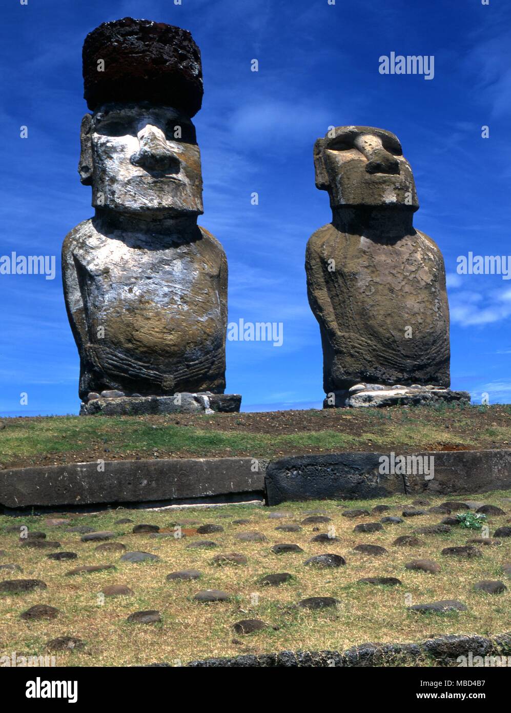 Easter Island The raised upright giant statues below the ancient