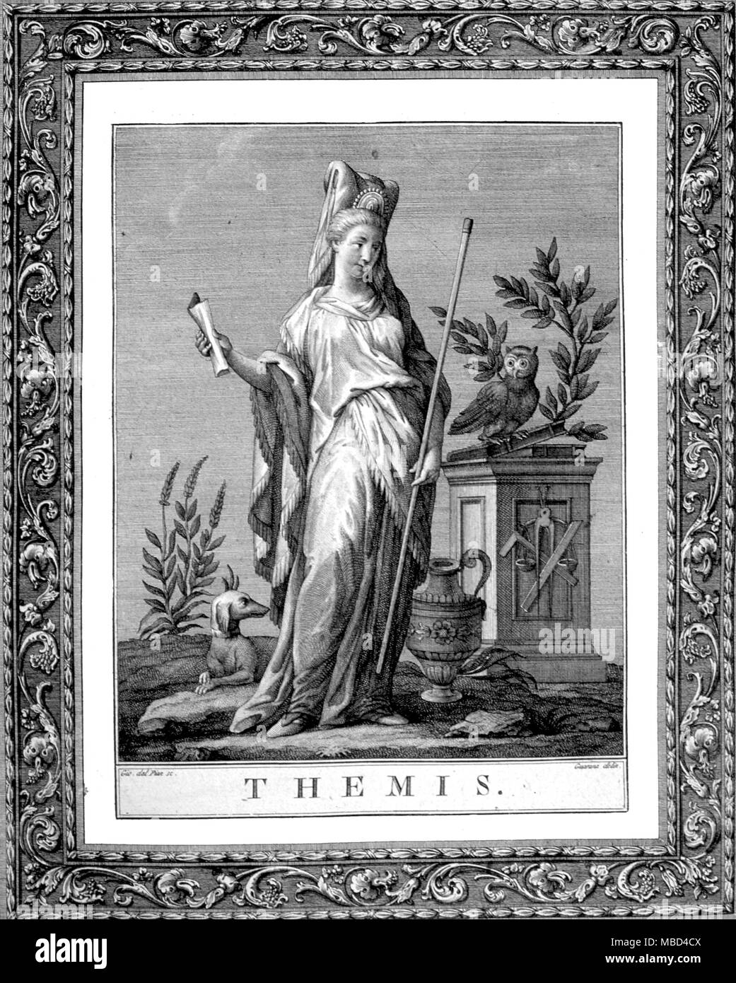 Greek Mythology. Themis, daughter of Uranus and the earth-goddess, Gaea - she has the power and authority to convene meetings of the Gods. From the 1792 edition of Jacopo Guarana's Oracoli, Auguri, Aruspici, Sibille, indovinia della Religione Pagana. Stock Photo