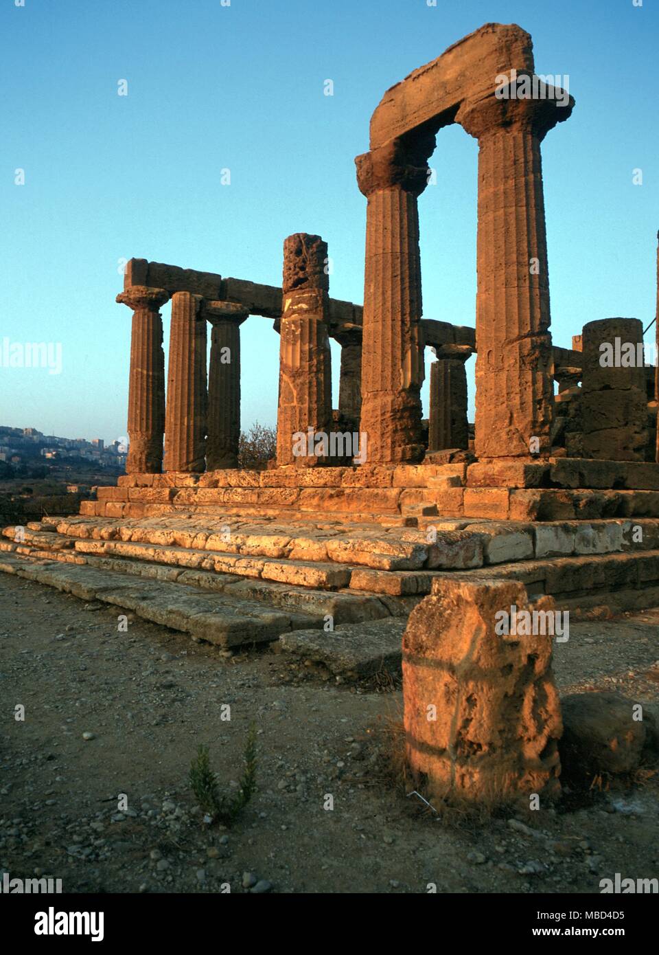 Greek Mythology. Temple of Juno. The Temple of Hera Lacinia, or Juno, at Agrigento, Sicily, built circa 440 BC. To the east end is a long altar, used for sacrifice of animals. Stock Photo