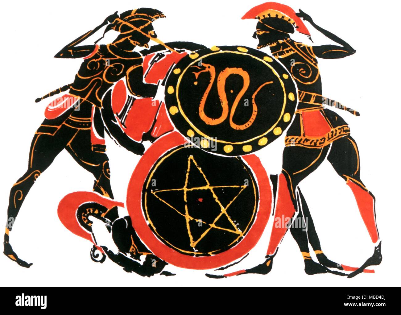 Greek Mythology. Amulets. Amuletic devices of snake and pentagram on the shilds of fighting Greeks and Trojans. Artwork based on a 6th century amphora, Rhodes Museum. Stock Photo
