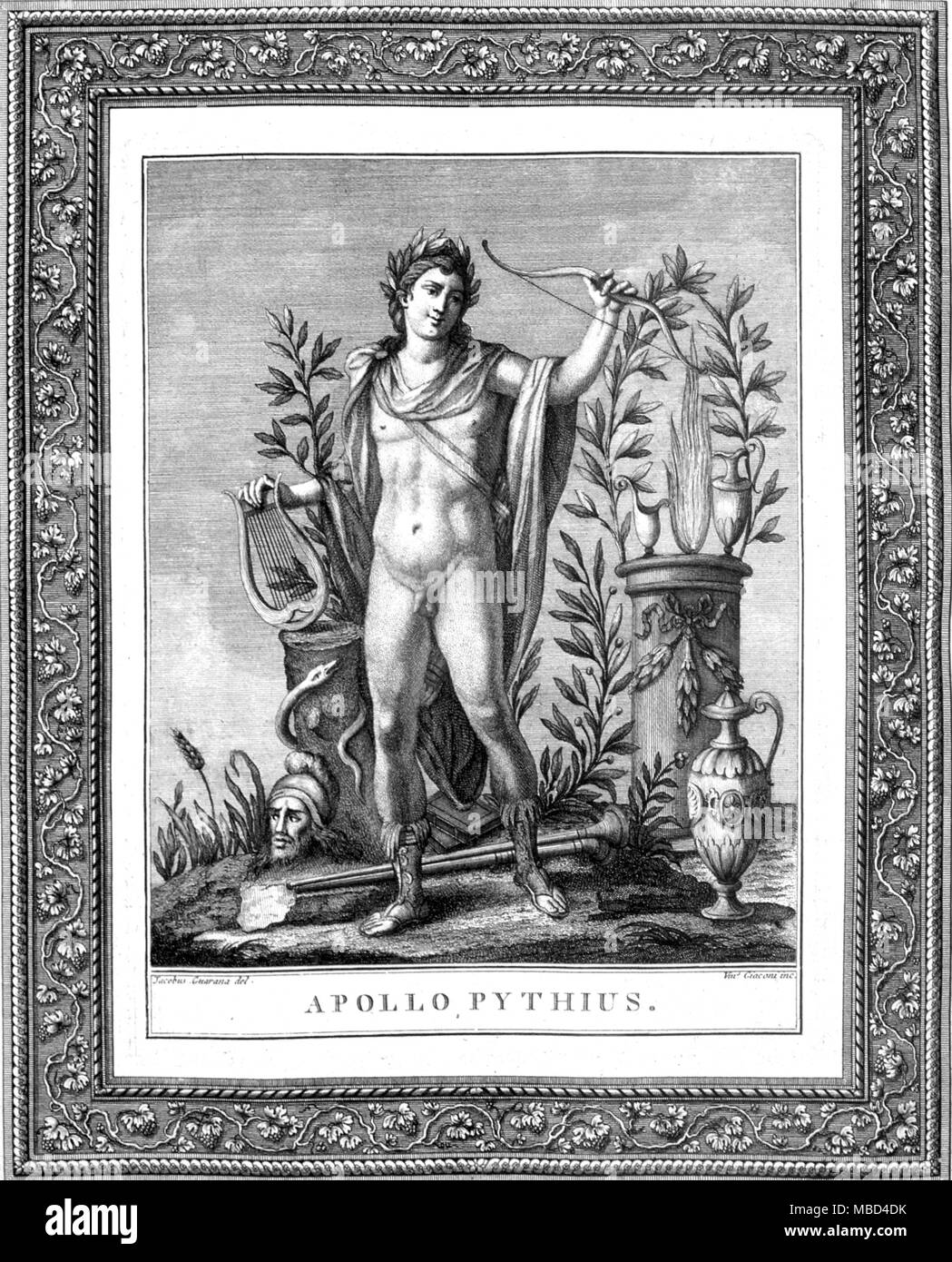Greek Mythology. Apollo in his role as prophet. Engraving from Jacopo Guarana's Oracoli, Auguri, Aruspici, Sibille, indovinia della Religione Pagana. Stock Photo
