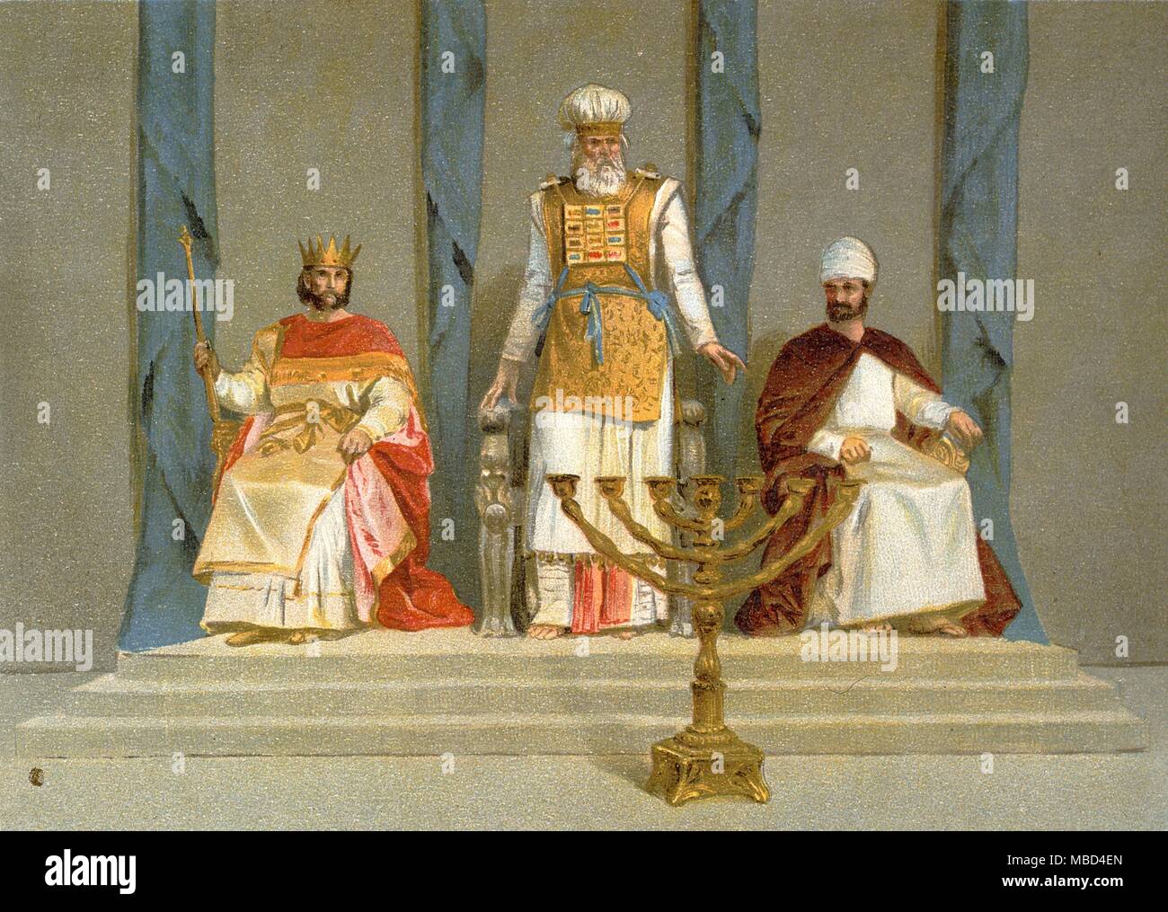 Jewish Mythology and religion. The High Priest with the sacred breastplate of twelve stones in front of the Menorah. Lithograph from Mackey's History of Freemasonry. Stock Photo