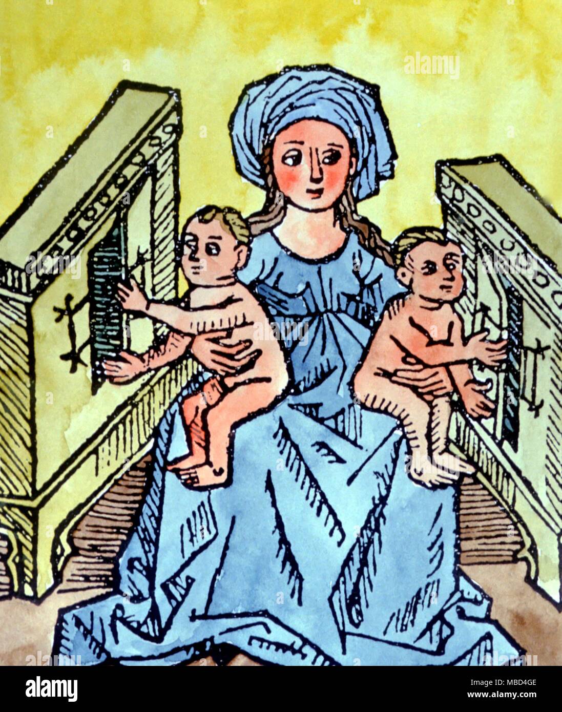 Stange phenomena - two children (twins) so magnetized that they could open locks and safes. From de Retza, Historia Beata Mariae Virginis, 1471. - © /Charles Walker Stock Photo