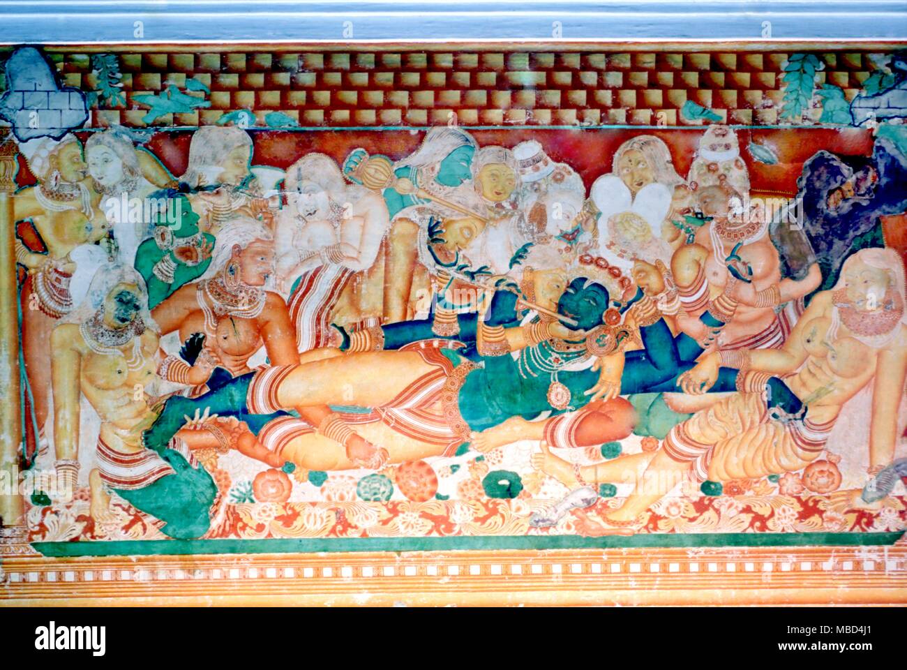 Hinduism - Hindu mythology - Krishna reclining, surrounded by Gopis. Fresco in the Mattancherry Palace, Cochin (India) - © /CW Stock Photo