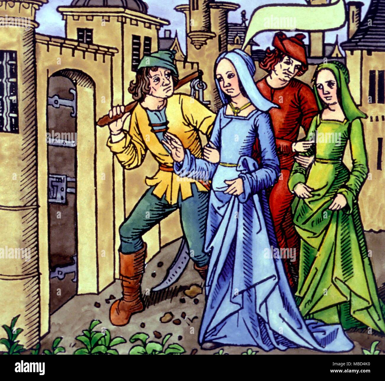Joan of Arc captured and led to prison. Here she is dressed as a maiden, though she normally dressed as a man. Woodcut of circa 1500. - Stock Photo