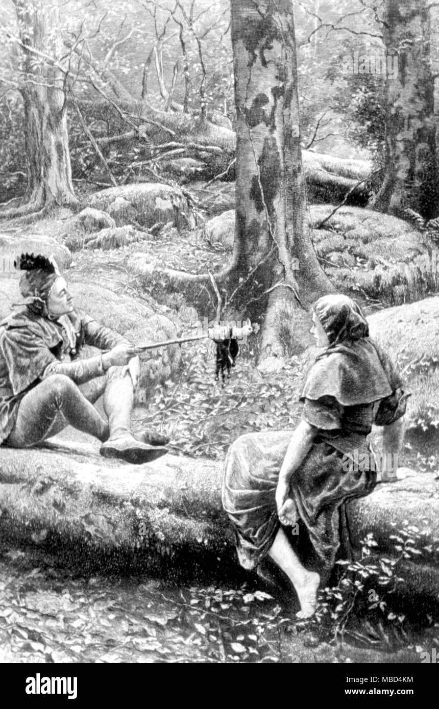 Clowns. 'In the Forest of Arden', etching of 1894 by C.O. Murray, after the painting by John Collier. Stock Photo