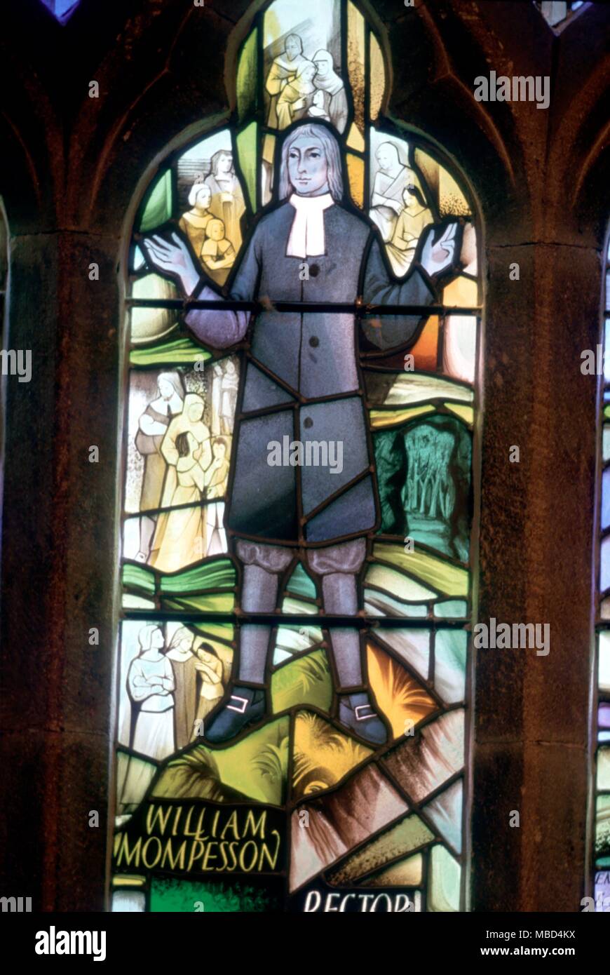 The Mompasson memorial window in the Paris church of Eyam, depicting stages in the development of the plague of 1665, in which the villagers were persuaded to remain in the village, and meet their deaths calmly. © / Charles Walker Stock Photo
