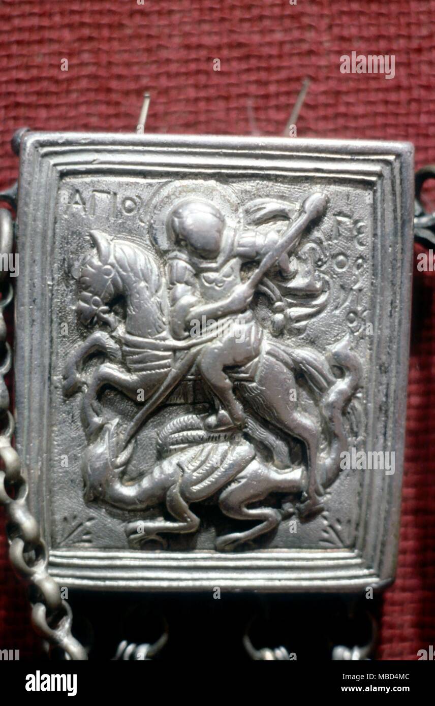 Detail of St. George and dragon, from the lid of an amulet case, in the Folk Museum, Athens. Nineteenth century. © / Charles Walker Stock Photo