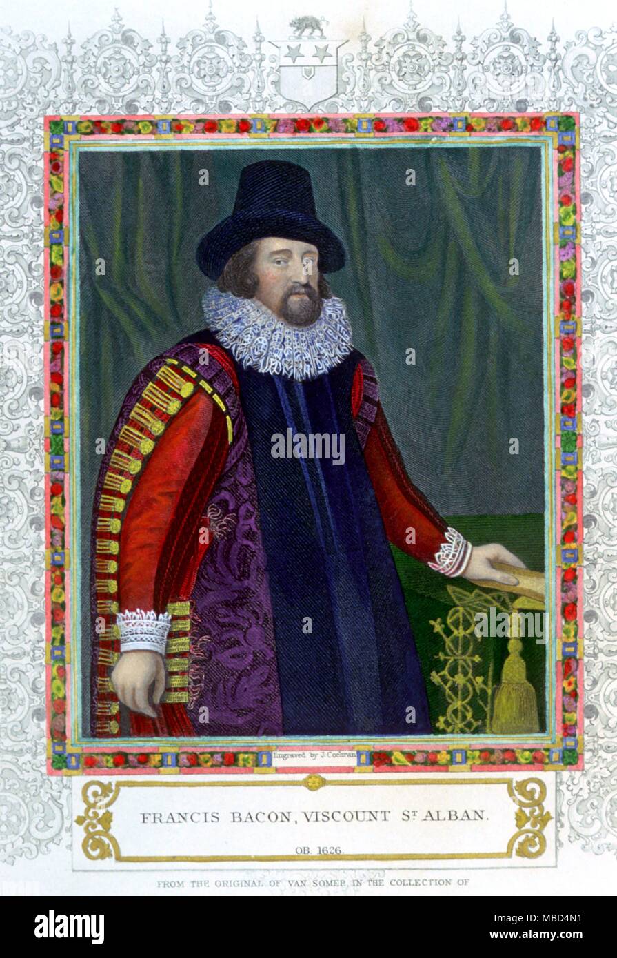 The Rosicrucian, alchemist and arcanist, Francis Bacon, Viscount St. Alban (pb 1626), one of the most learned of all Elizabethan occultists. Francis Bacon, 1st Viscount St Albans, KC (22 January 1561 - 9 April 1626) was an English philosopher, statesman, freemason and essayist. He was knighted in 1603, created Baron Verulam in 1618, and created Viscount St Albans in 1621; both peerage titles becoming extinct upon his death. © / Charles Walker Stock Photo